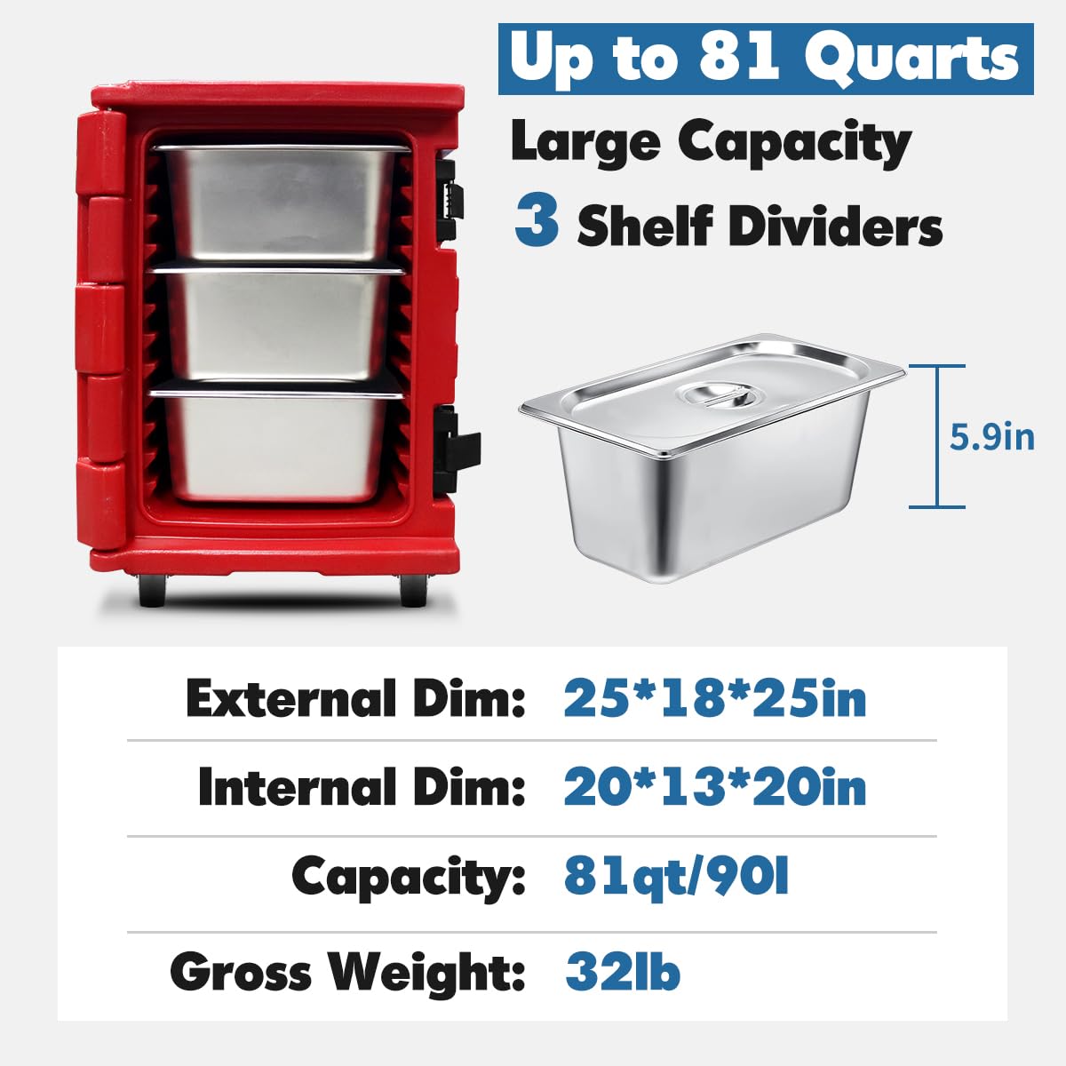 82QT Insulated Food Pan Carrier with 4 Concealed Wheels - Commercial Soup Warmer Includes 3 H5.9 Stainless Steel Food Pans with Lids - Food-Grade Hot Box for Catering, Restaurants, Cafeterias & Home Use - Perfect for Buffet Service, Meal Delivery & Large Gatherings