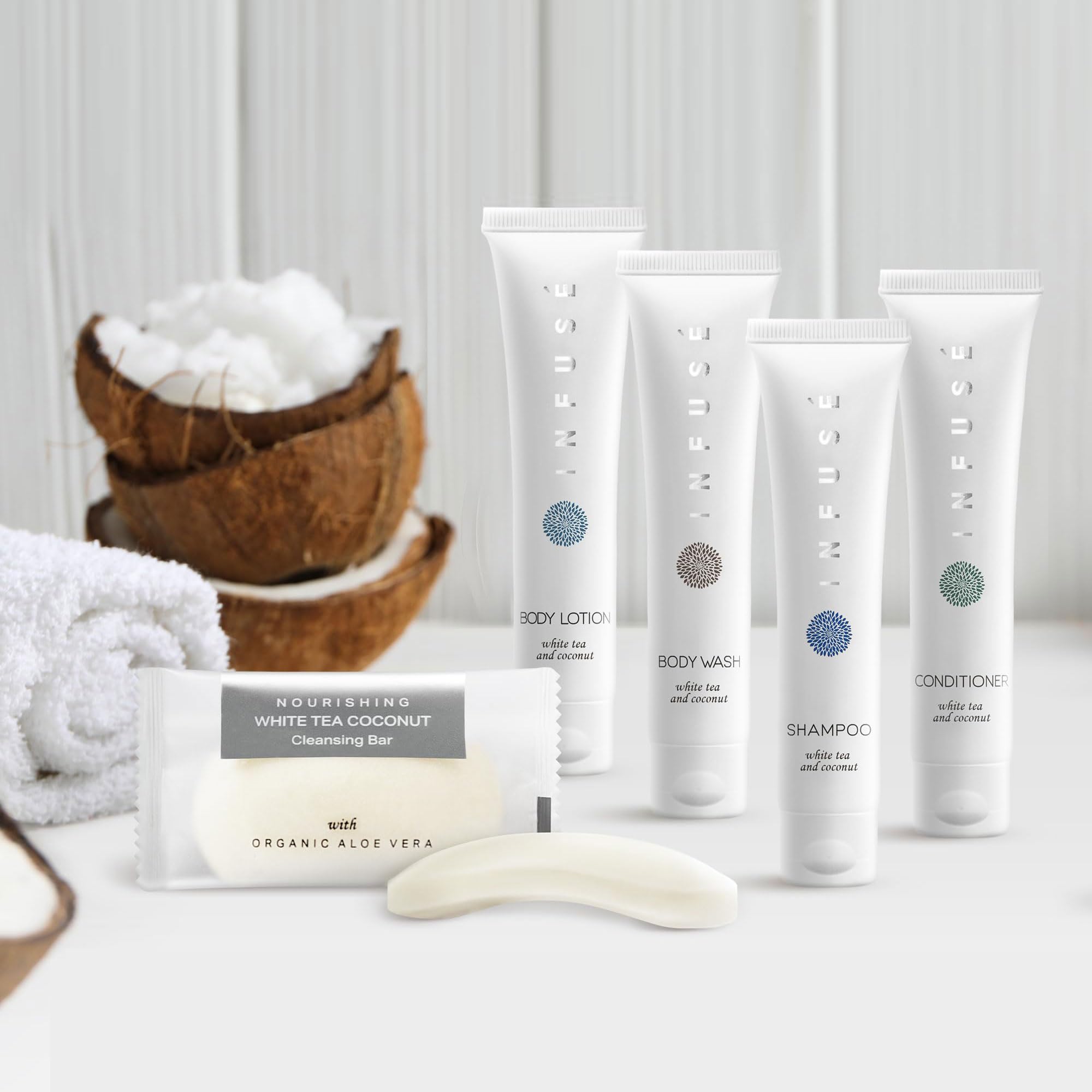 150-Piece Travel Size Toiletries Set - 30 Sets of 1oz Shampoo & Conditioner, Body Wash, Lotion & 1.25oz Bar Soap | White Tea Coconut Scent | Bulk Hotel Amenities for Travel, Hospitality & Guest Gifts