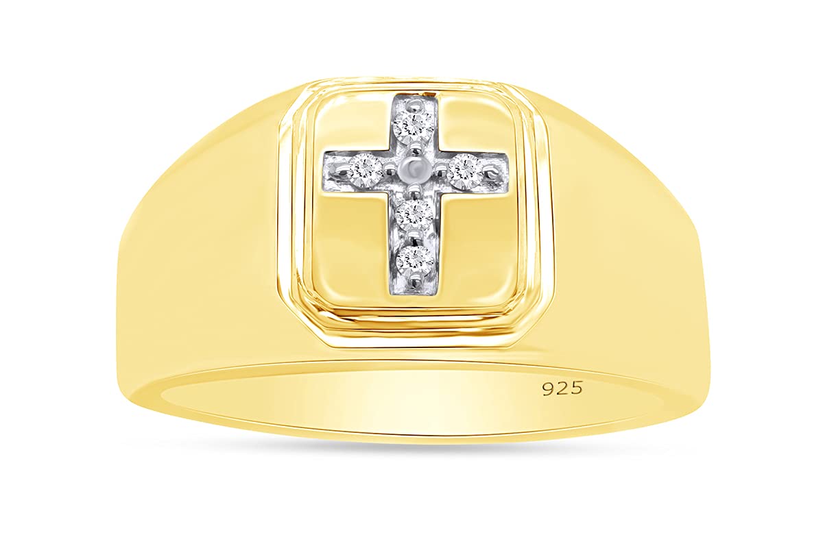 14K Gold Over Sterling Silver AFFY White Natural Diamond Cross Band Ring (0.05 Cttw) - Perfect for Weddings, Anniversaries & Religious Gifts