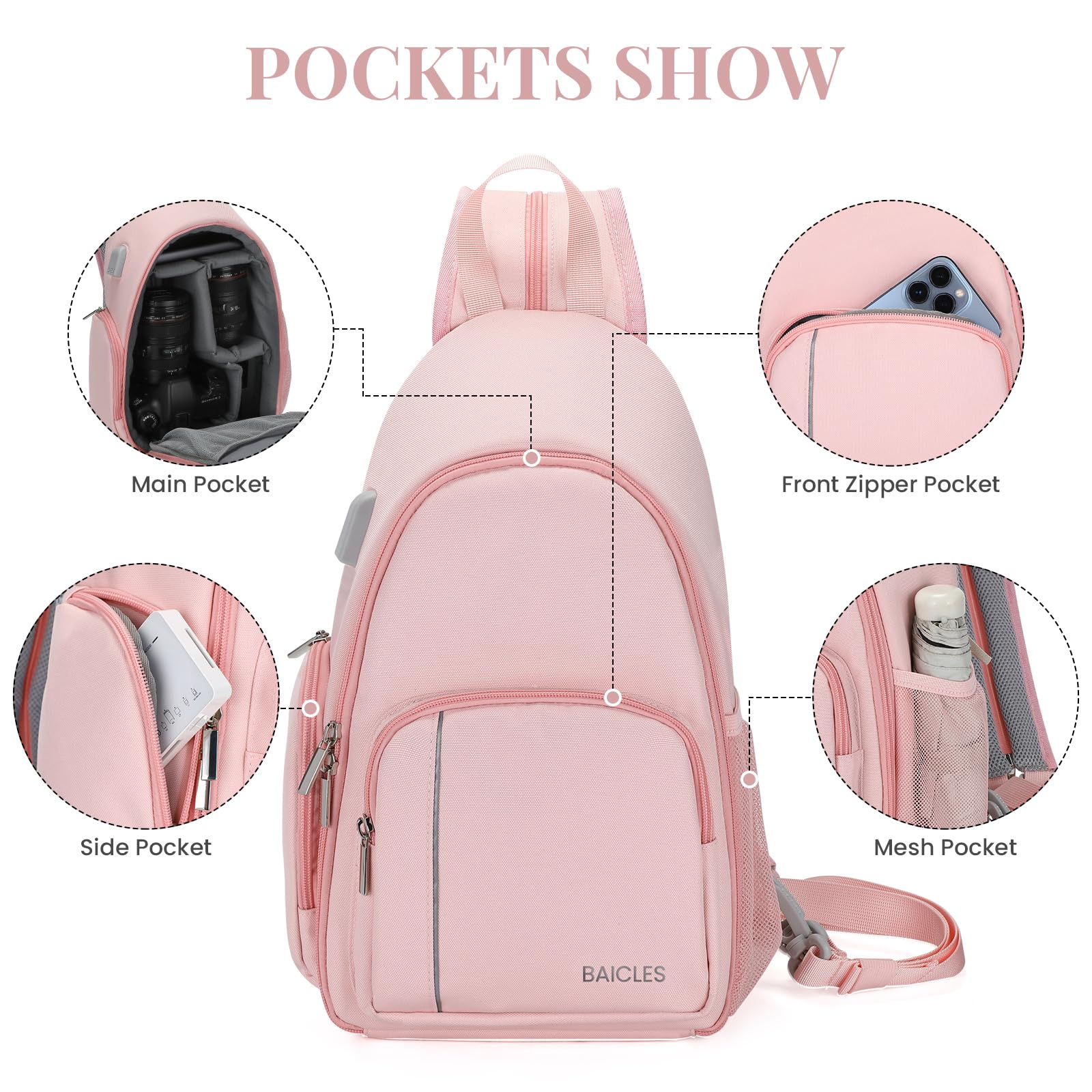 BAICLES Waterproof Shockproof Nylon Camera Shoulder Bag with Lens Organizer - Rose Pink Casual Photography Backpack for DSLR, Mirrorless Cameras & Accessories - Perfect for Travel, Hiking & Outdoor Photography