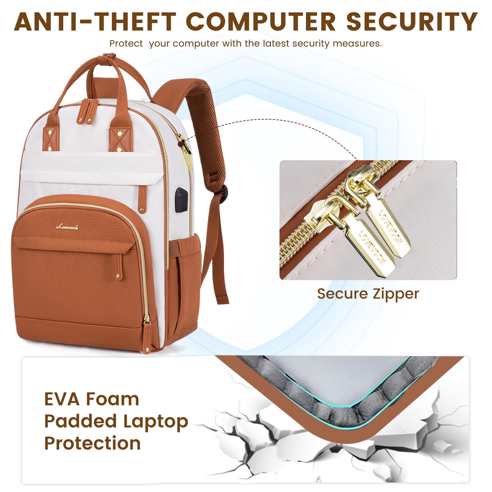 LOVEVOOK 15.6 Inch Anti-Theft Laptop Backpack for Women - Waterproof Professional Business Travel Backpack Purse, College Teacher Work Bag, Stylish Daypack (Beige/Brown) - Perfect for Office Commute, School, Business Trips & Daily Use