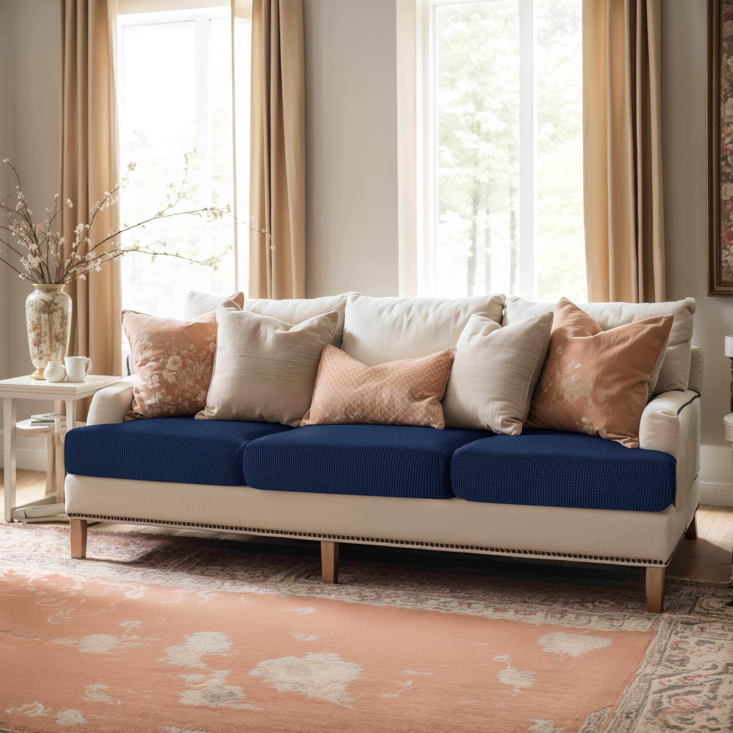 Stretch Cushion Covers 3-Pack - Elastic Spandex Sofa Slipcovers for Couch, Loveseat, RV & Chair - Navy Blue Furniture Protector - Perfect for Home, Office & Travel Use