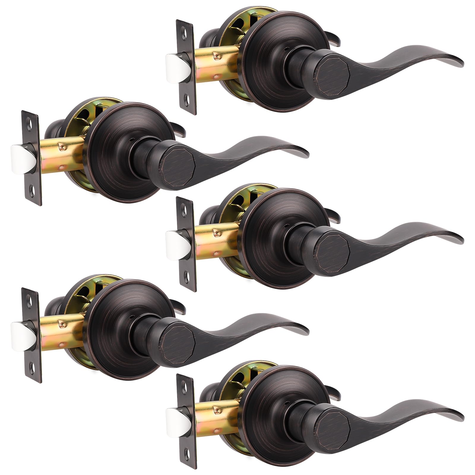 5 Pack Non-Locking Passage Door Lever Set - Oil Rubbed Bronze Wave Design for Hallways & Closets - Reversible Right/Left Handed Keyless Entry - Perfect for Bedrooms, Bathrooms & Interior Doors