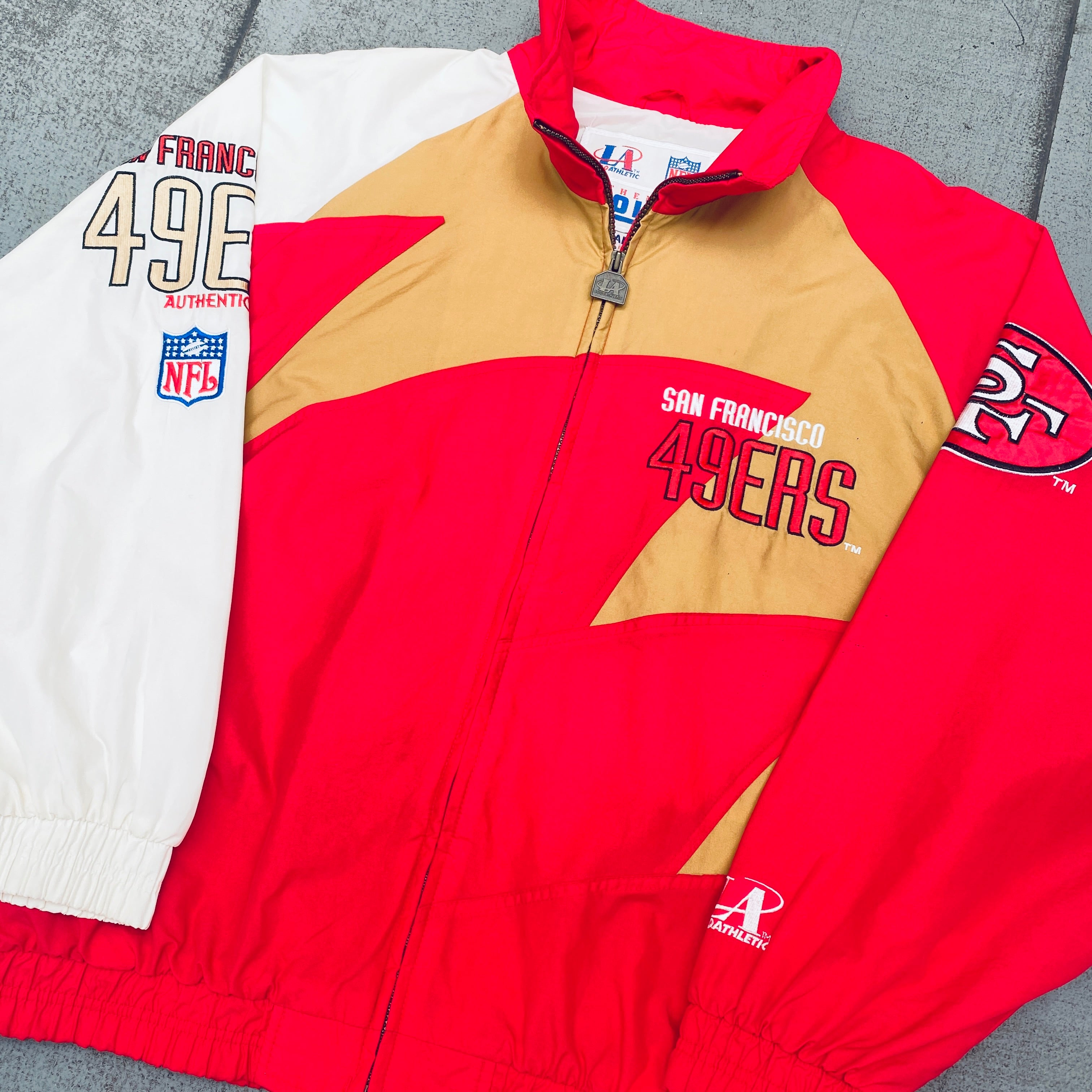 1990s San Francisco 49ers Logo Shark Tooth Proline Full-Zip Lightweight Jacket (Large/XL) - Perfect for Football Games, Tailgating & Casual Wear