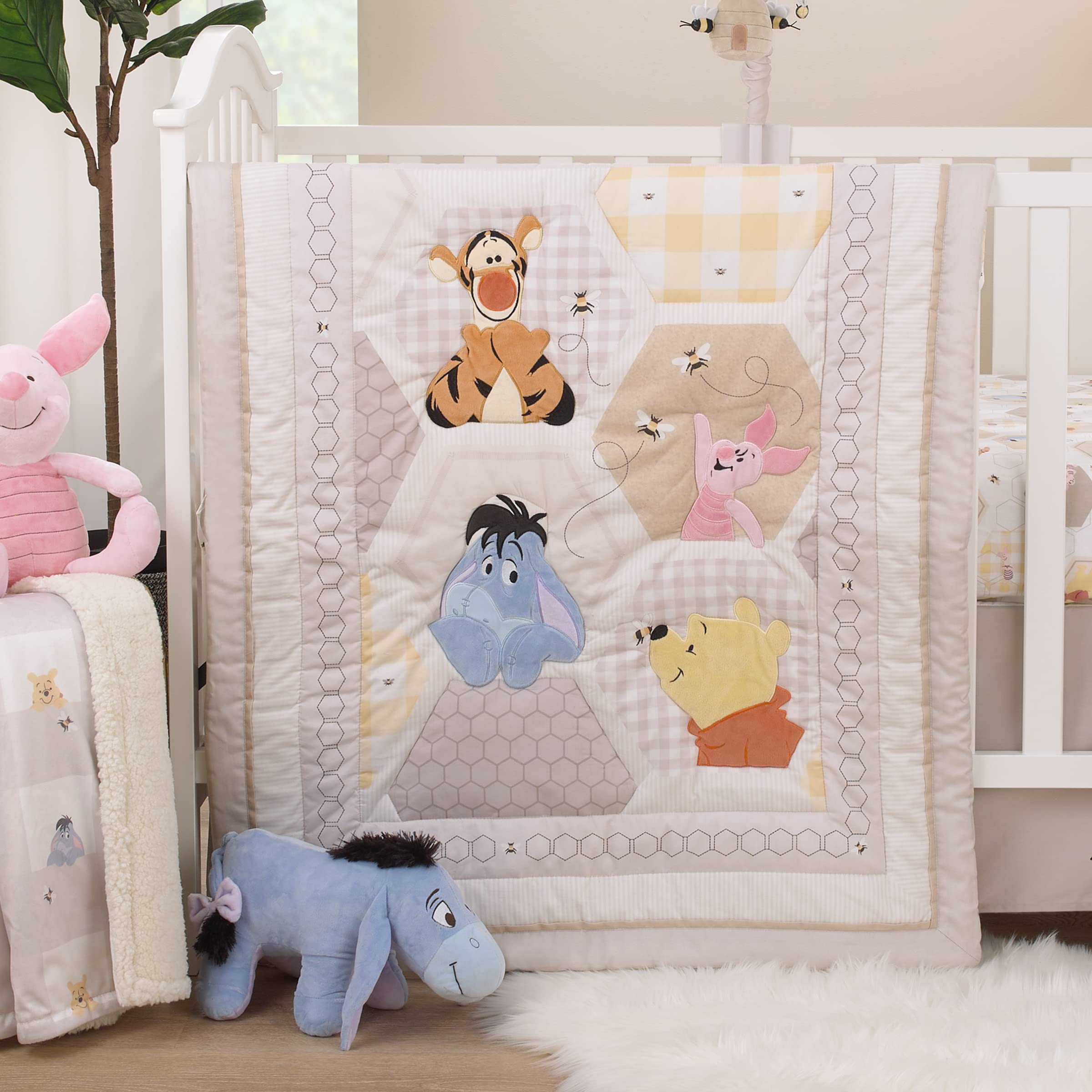 Disney Winnie The Pooh 3-Piece Crib Bedding Set - 100% Cotton Comforter, Fitted Sheet & Skirt with Piglet, Tigger & Eeyore | Grey White Tan Patchwork Nursery Decor | Perfect for Baby Shower Gifts & Cozy Nursery Themes