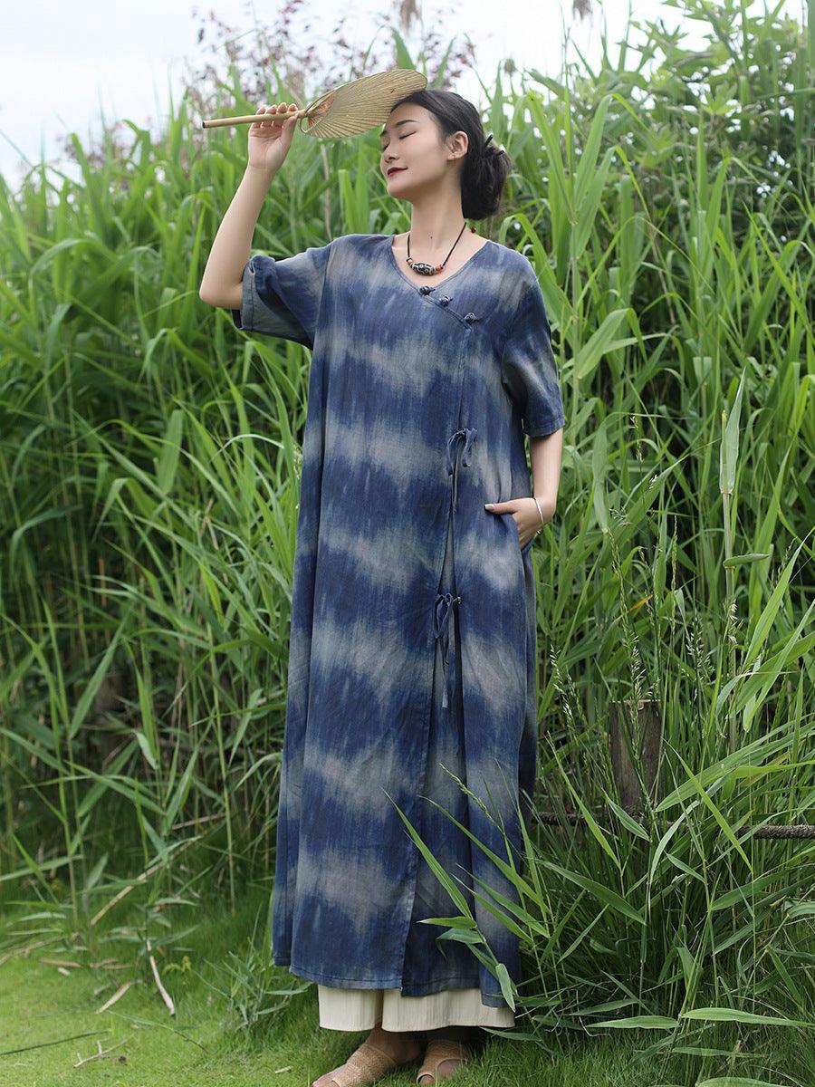 Bohemian Blue Striped Silk Tie Dye Half Sleeve Dress for Women | Summer Beach Vacation Outfit | Boho Chic Casual Wear | Perfect for Music Festivals and Date Nights