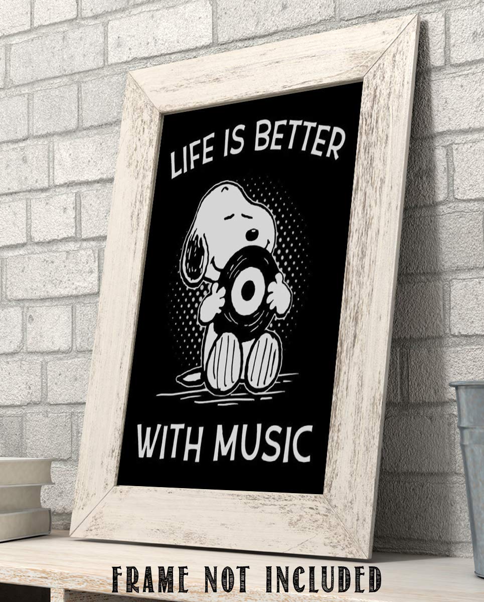 Life Is Better With Music - Snoopy Quotes Wall Art Print | 8x10 Inch Typographic Decor for Bedroom, Living Room, Office & Studio | Perfect Gift for Music Lovers & Peanuts Fans | Enhance Your Home Aesthetic with Inspirational Artwork