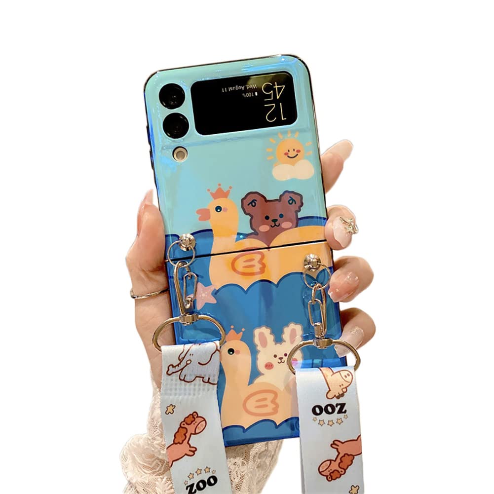 Cute Cartoon Bear Duck Crossbody Phone Case for Samsung Galaxy Z Flip 3 5G (2021) - Soft Silicone Shockproof Protective Cover with Adjustable Nylon Lanyard Strap | Perfect for Travel, Shopping & Hands-Free Daily Use