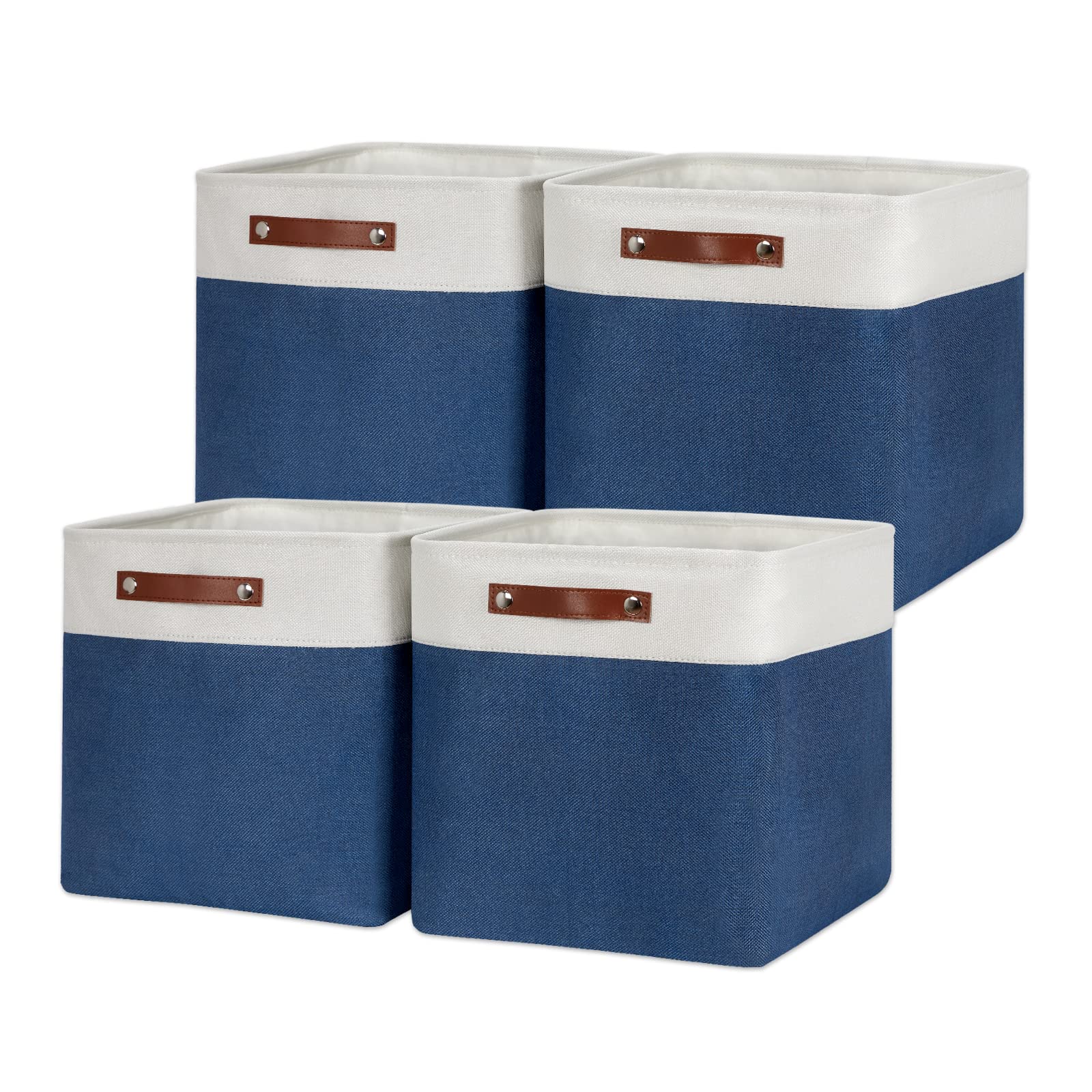 HNZIGE 13 Inch Fabric Cube Storage Baskets with Handles - Organizer Bins for Clothes, Toys, Closet & Nursery - Foldable Shelving Storage Solution for Home, Office & Kids Room (Blue & White)