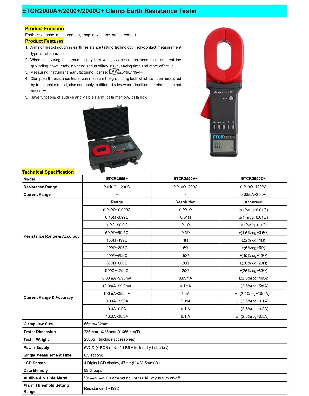 ETCR2000A+ Clamp Type Earth Resistance Tester - Non-Contact Surface Resistance Meter for Electrical Safety Testing (ETCR2000+/ETCR2000C+ Models Available) - Perfect for Industrial Maintenance, Grounding System Checks & Power Line Inspections