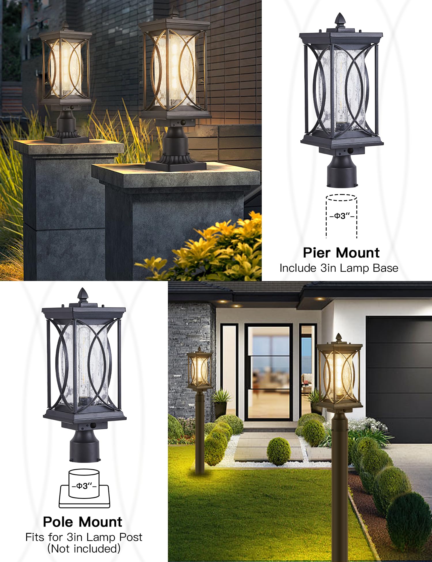 Motion Sensor Outdoor Post Lantern - Dusk to Dawn Automatic Pillar Light with 3