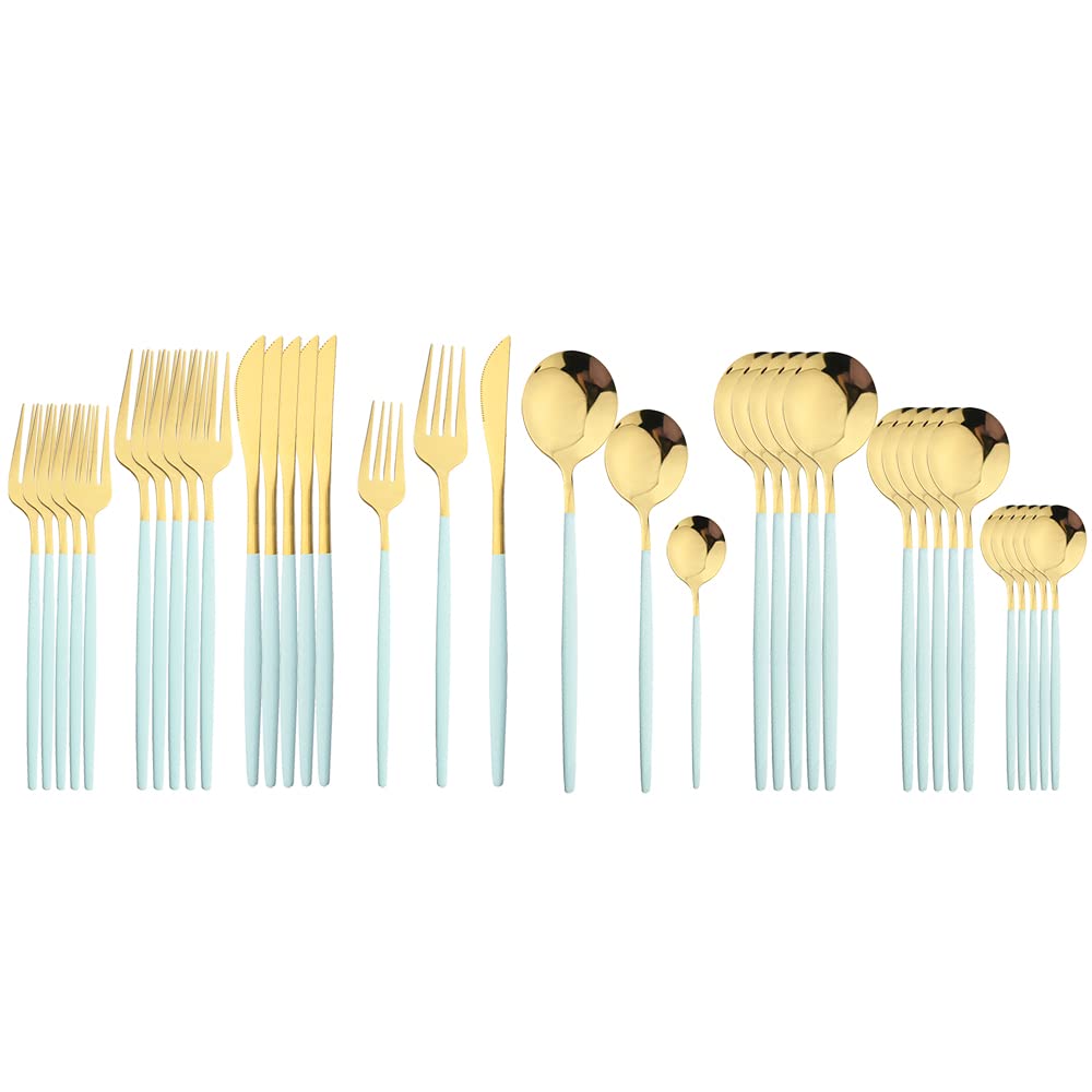 36-Piece Stainless Steel Silverware Flatware Set - Knife, Fork, Spoon, Teaspoon, Dessert Utensils - Mint Gold Cutlery for Dinner, Kitchen & Entertaining - Elegant Tableware for Restaurants, Weddings & Home Dining