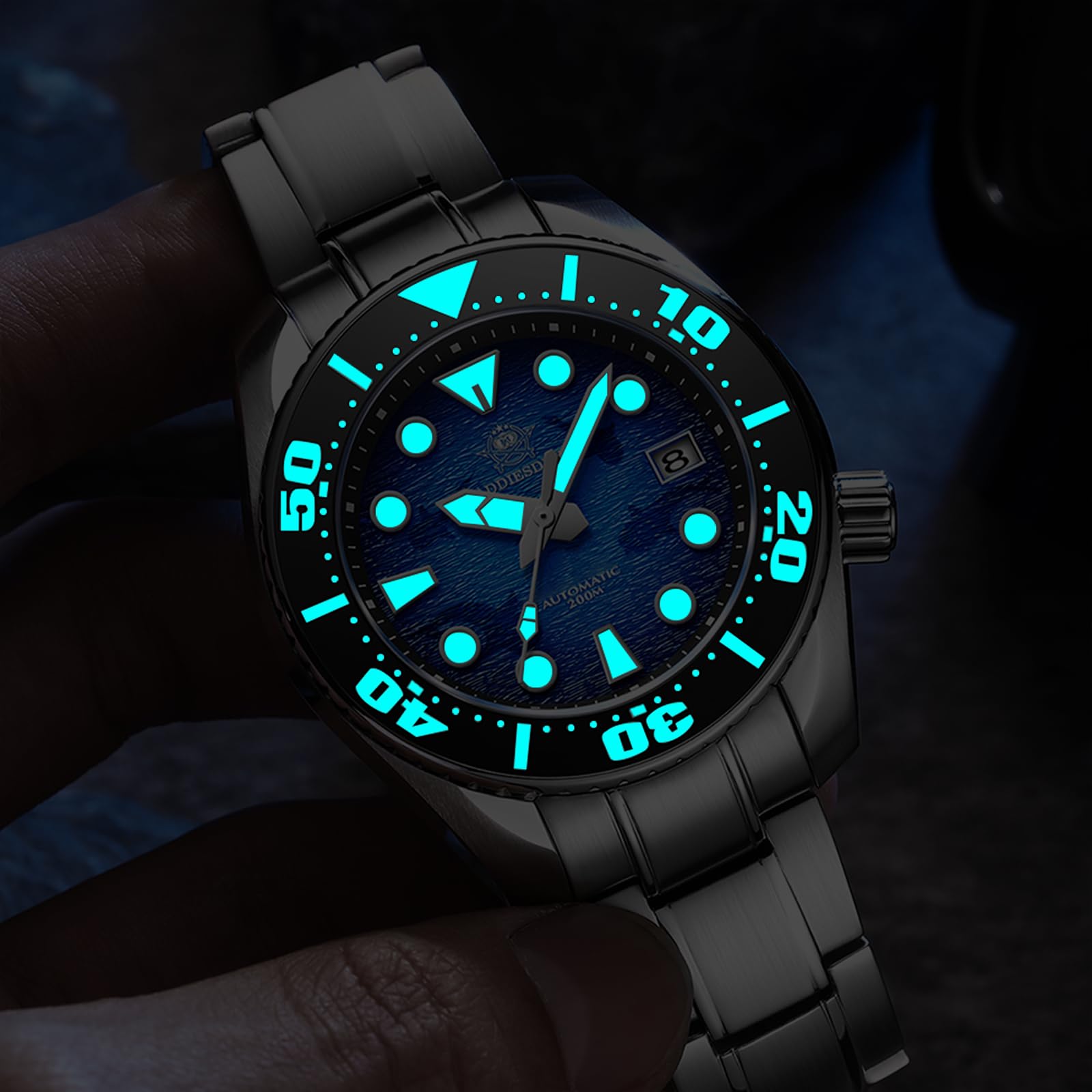ADDIESDIVE Men's Automatic Diving Watch 44.9mm Blue Wave Dial, 200M Waterproof, NH35A Movement, Stainless Steel Band - Perfect for Scuba Diving, Snorkeling & Water Sports