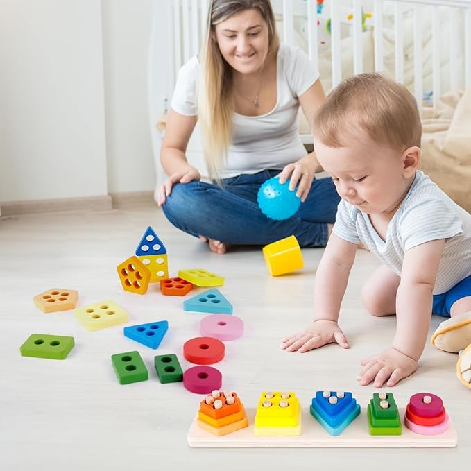 Montessori Wooden Stacking Toys for Toddlers - Safe Peg-Free Shape Sorter Learning Toys | Educational Preschool Toys for Babies & Kids | Perfect Birthday Gift for Various Game Play & Early Childhood Development | Ideal for Home, Classroom & Daycare Activities
