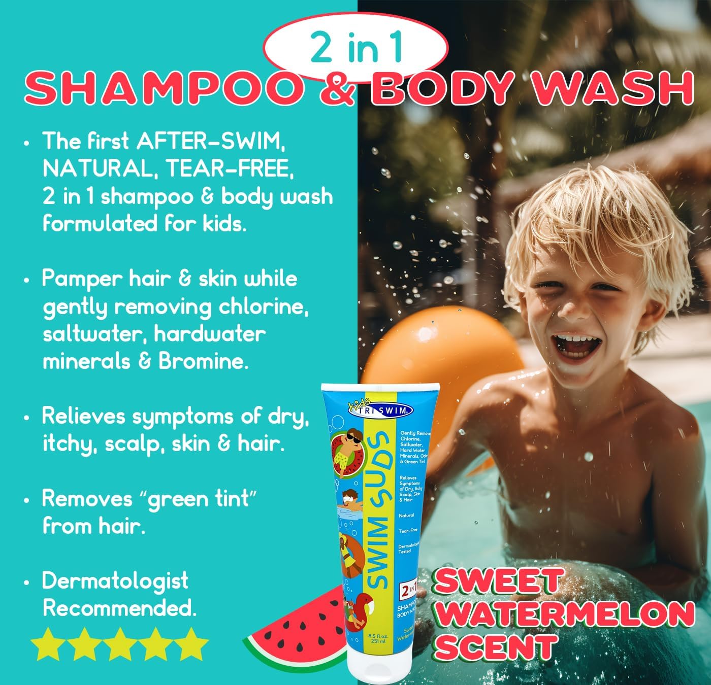 TRISWIM Kids Swim Shampoo & Lotion Set - 8.5 fl oz Tear-Free 2-in-1 Chlorine Removal Body Wash & Hydrating Moisturizer | Gentle Post-Swim Care for Kids | Pool, Beach & Swim Team Use