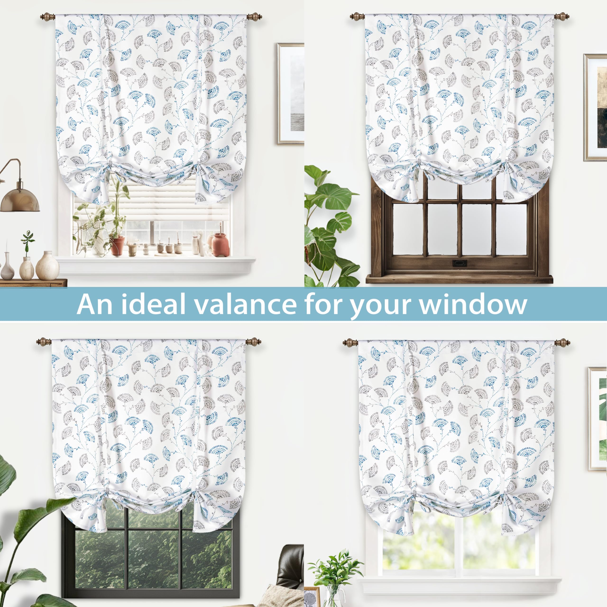 Floral Watercolor Printed Tie-Up Curtains for Windows - DriftAway Adjustable Balloon Shade with Rod Pocket, Kitchen & Small Window Room Darkening (45