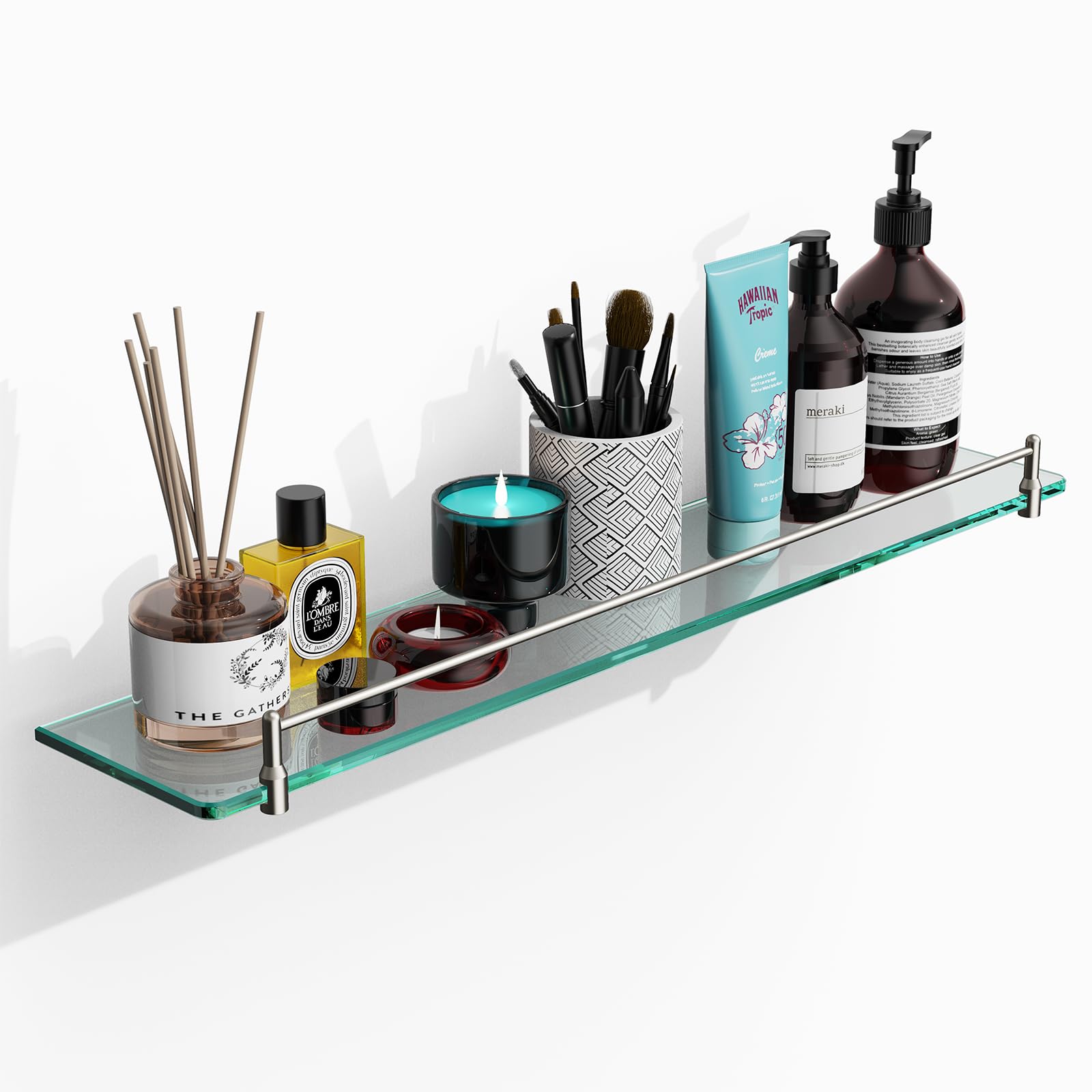 24-Inch Brushed Nickel Floating Glass Shelf for Bathroom - Stainless Steel Wall Mounted Tempered Glass Shelves - Modern Bathroom Storage for Towels, Toiletries & Decor Accessories