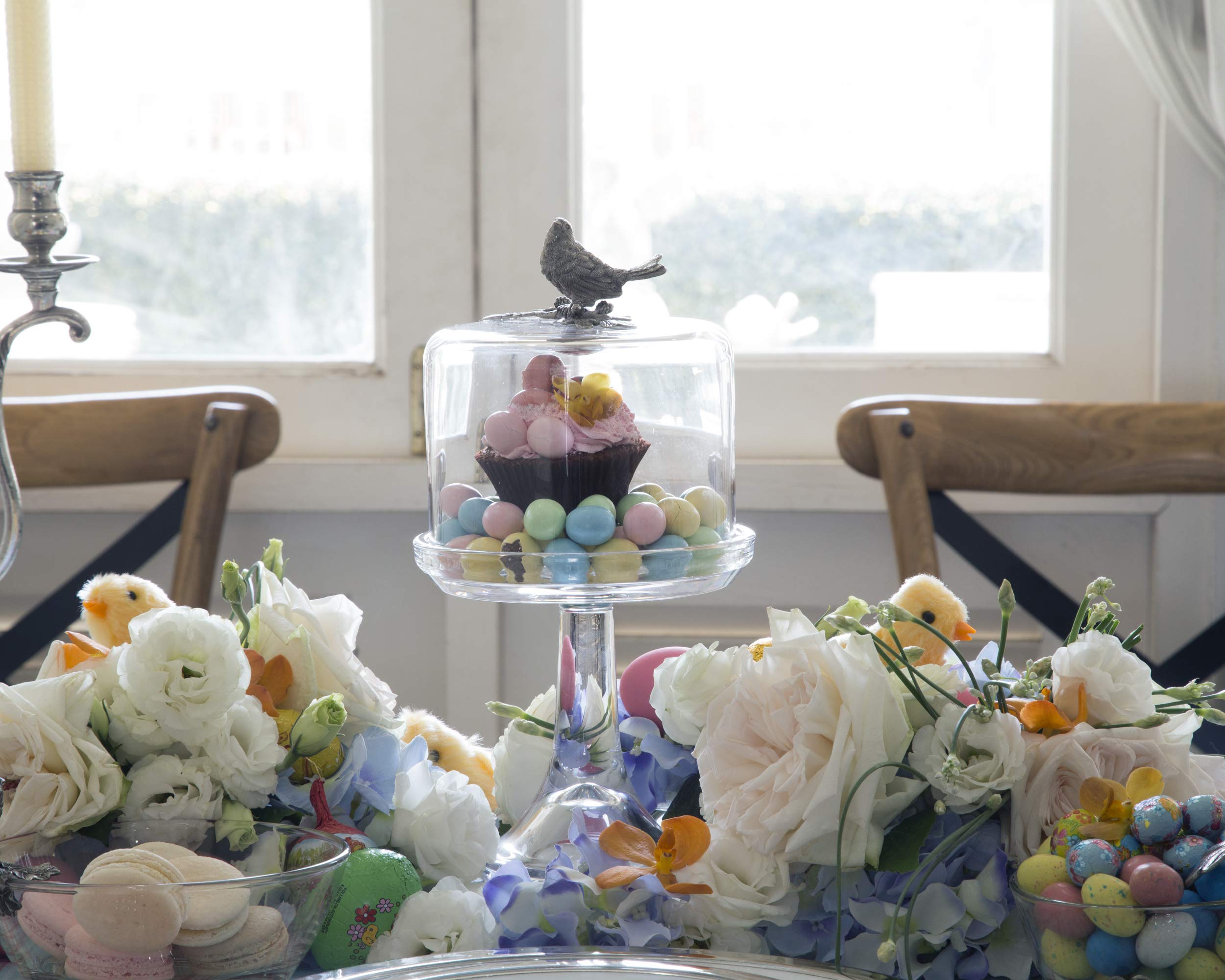 Vagabond House 6-Inch Hand-Blown Glass Cheese Dome with Pewter Songbird Knob - Perfect for Dessert Display, Cupcake Stand & Cheese Serving - Elegant Table Centerpiece for Parties & Dining