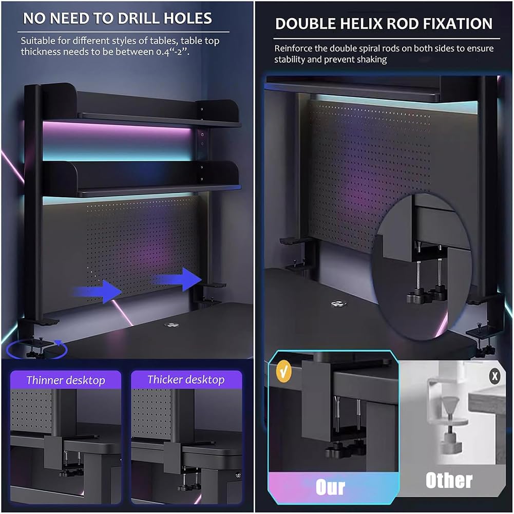 MATISUN No Drill Clamp On Desk Pegboard - 39.37 Inch Black Gaming Organizer with Accessories & Laptop Mount | Perfect for Home Office, Gaming Setup & Workspace Organization
