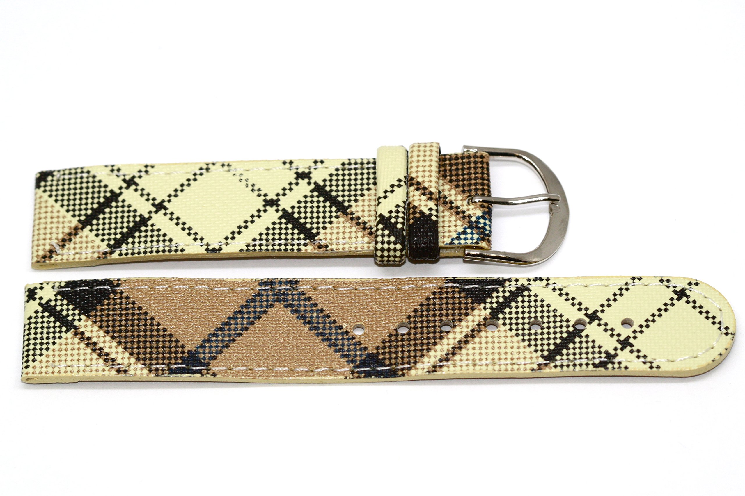 14mm Beige & Yellow Plaid Stitched Leather Watch Band Replacement Strap - Compatible with Smartwatches & Classic Watches, Perfect for Casual Wear & Office Style