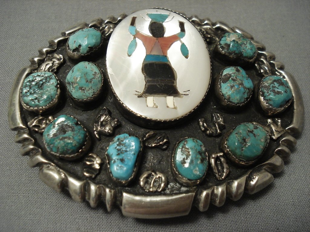 Authentic Vintage Zuni Apache Kachina Native American Silver Turquoise Buckle - 109g Heavyweight Collectible Jewelry - Perfect for Western Fashion, Belt Accessories & Native Art Collections