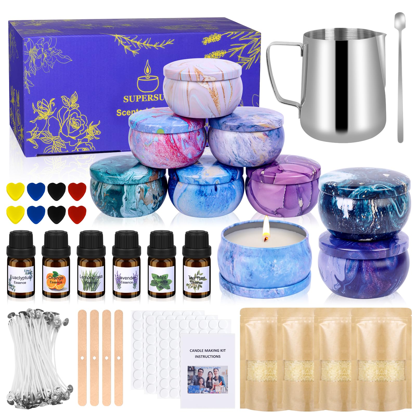 SUPERSUN Candle Making Kit for Beginners - Beeswax, Wicks, Candle Tins & Dyes Included | DIY Christmas Gift for Adults & Kids | Perfect for Home Decor, Holiday Crafts & Relaxation Activities