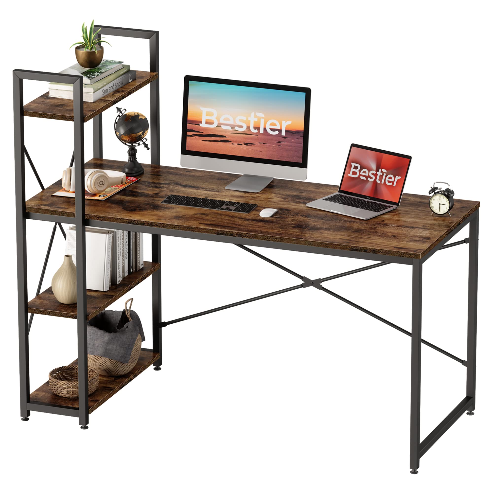 Bestier 55 Inch Computer Desk with Storage Shelves - Reversible Bookshelf Home Office Desk, Spacious Leg Room & Easy Assembly, Rustic Brown - Perfect for Small Spaces & Remote Work Setup