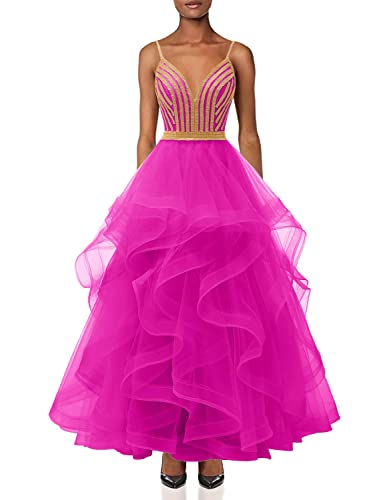 Chupeng Women's Gold Crystal Tiered Tulle Prom Dress - Elegant Spaghetti Strap Formal Evening Gown for Cocktail Party, Ball & Special Occasions | Perfect for Prom Night, Wedding Guest & Black Tie Events