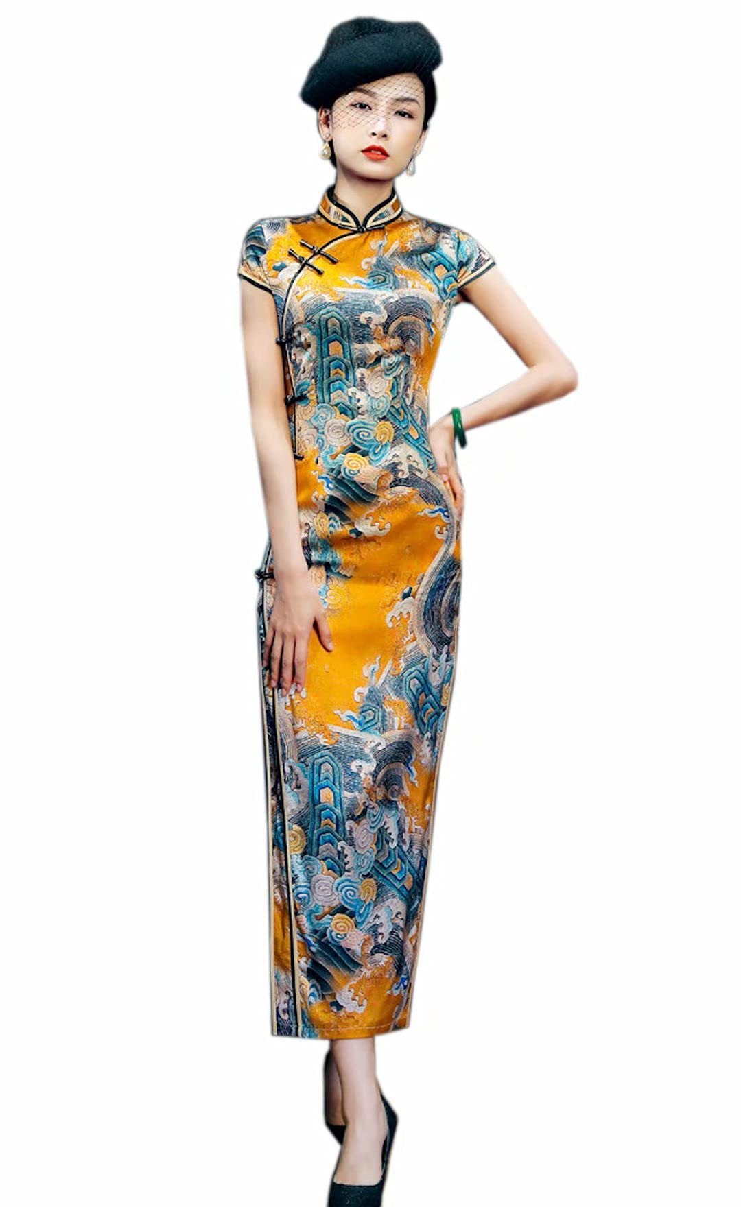 Elegant Silk Qipao Dress - Traditional Chinese Cheongsam with Floral Print | Vintage Style Women's Fashion | Perfect for Weddings, Parties & Cultural Events
