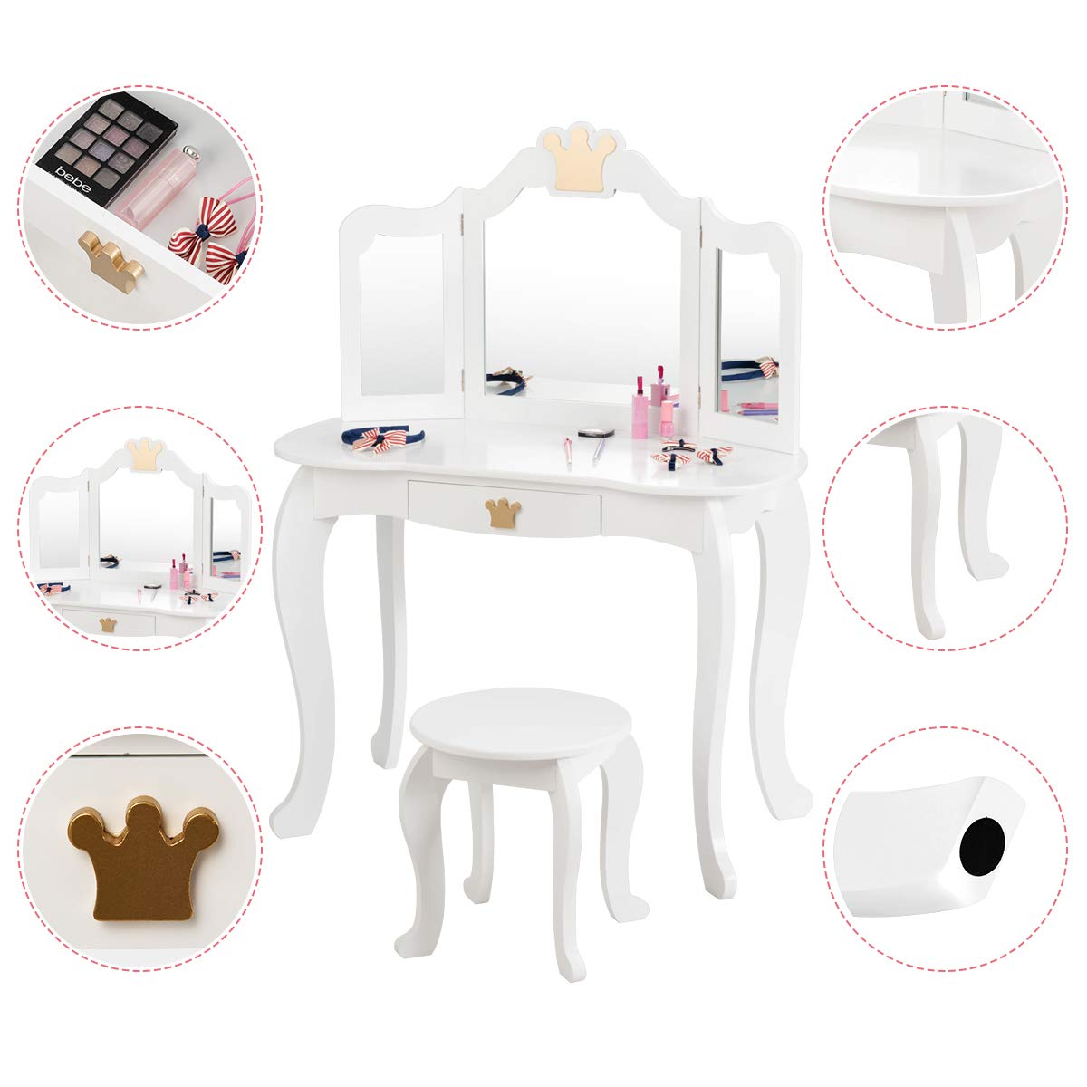 GIANTEX Kids Vanity Table with Stool, Removable Mirror & Makeup Drawer - Wooden Dresser for Girls in White - Perfect for Bedroom, Playroom & Gift Giving