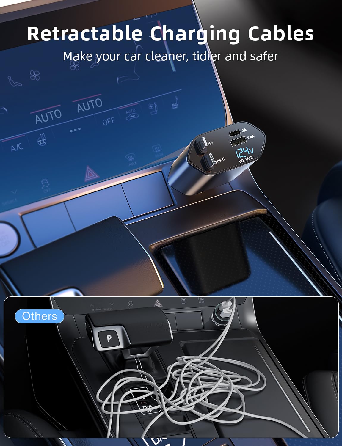 Fast Charging Retractable Car Charger - 4-in-1 Dual USB Port Adapter with 31.5