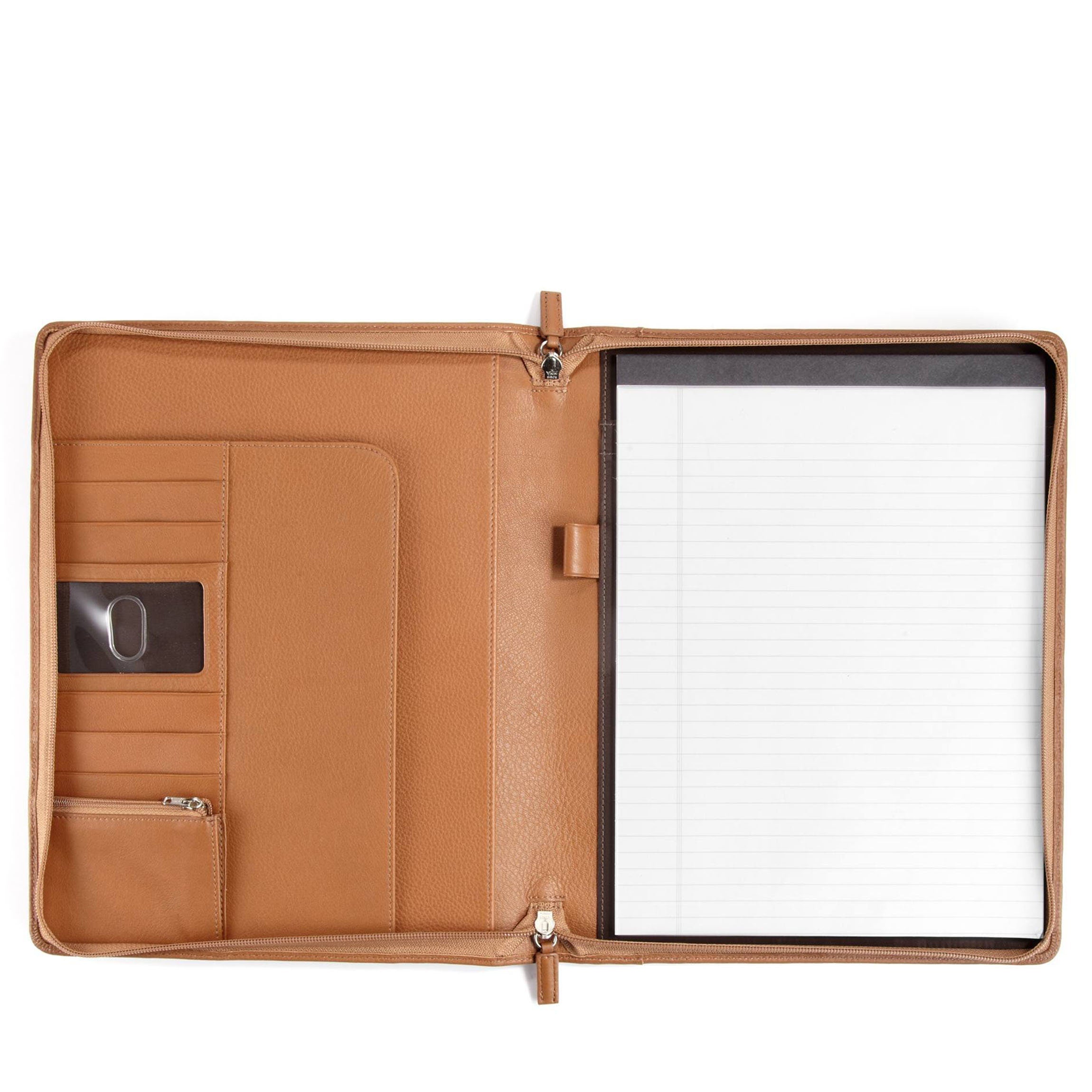 Premium Genuine Leather Zippered Padfolio in Cognac - Professional Organizer for Business Meetings, Interviews & Office Use