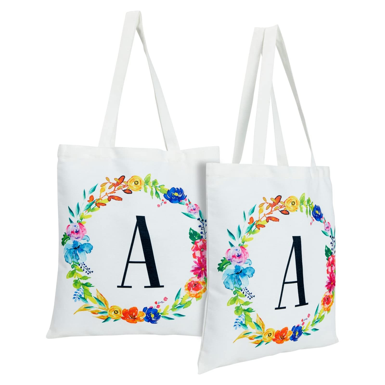 Personalized Monogram Letter Tote Bags for Women - Set of 2 Reusable Floral Design Shopping Bags (29 Inches) - Perfect for Grocery Shopping, Beach Trips & Everyday Use