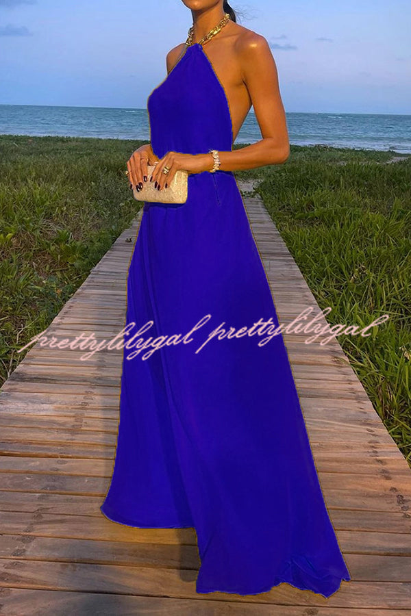 Santorini Vacation Maxi Dress - Backless A-Line Halter Dress with Metal Chain Detail | Perfect for Beach Weddings, Summer Getaways & Boho Fashion