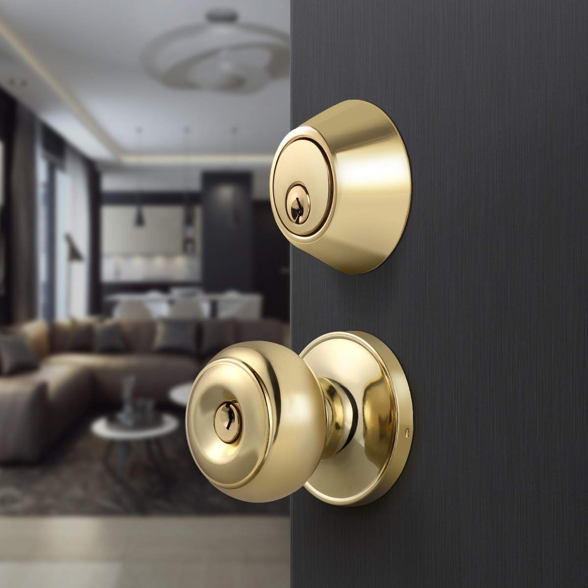 (6 Pack) Keyed Alike Entry Door Knobs with Double Cylinder Deadbolt Lock Combo Set - Polished Brass Finish for Front Door, Entrance & Home Security - Perfect for Apartments, Offices & Rental Properties