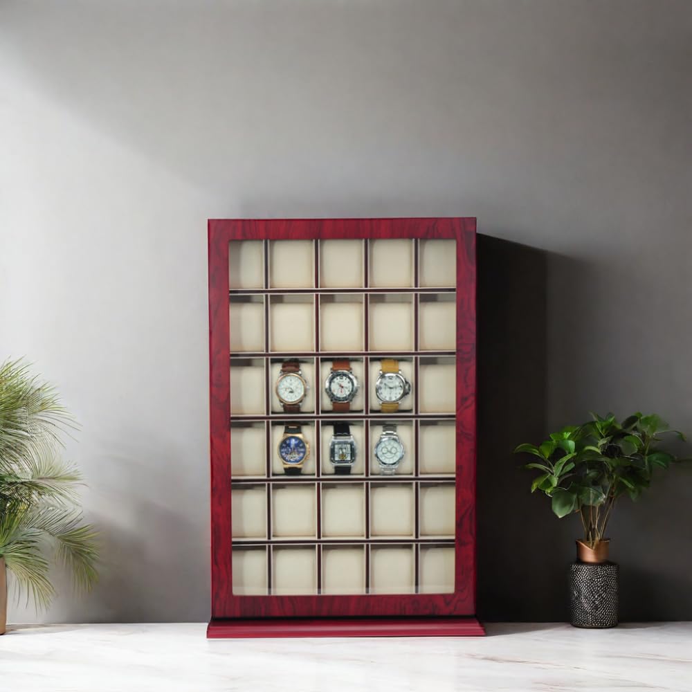 30-Piece Cherry Wood Watch Display Case - Wall Hanging & Tabletop Storage Organizer Box with Stand | Perfect for Watch Collectors, Jewelry Organization & Father's Day Gifts