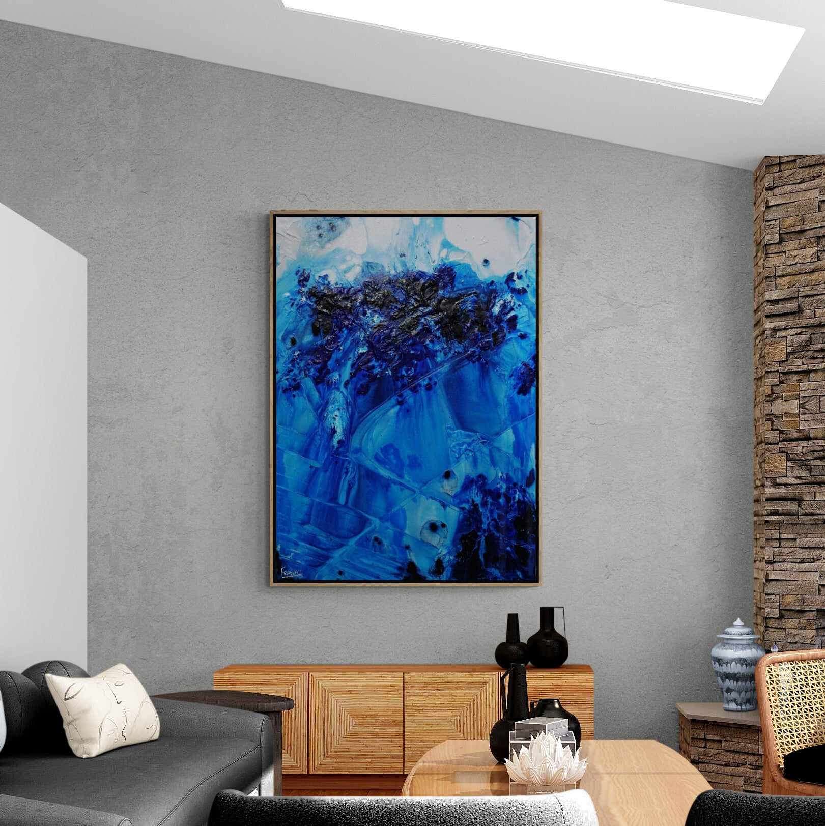 140cm x 100cm Blue White Textured Abstract Canvas Painting - Modern Wall Art for Living Room, Bedroom & Office Decor