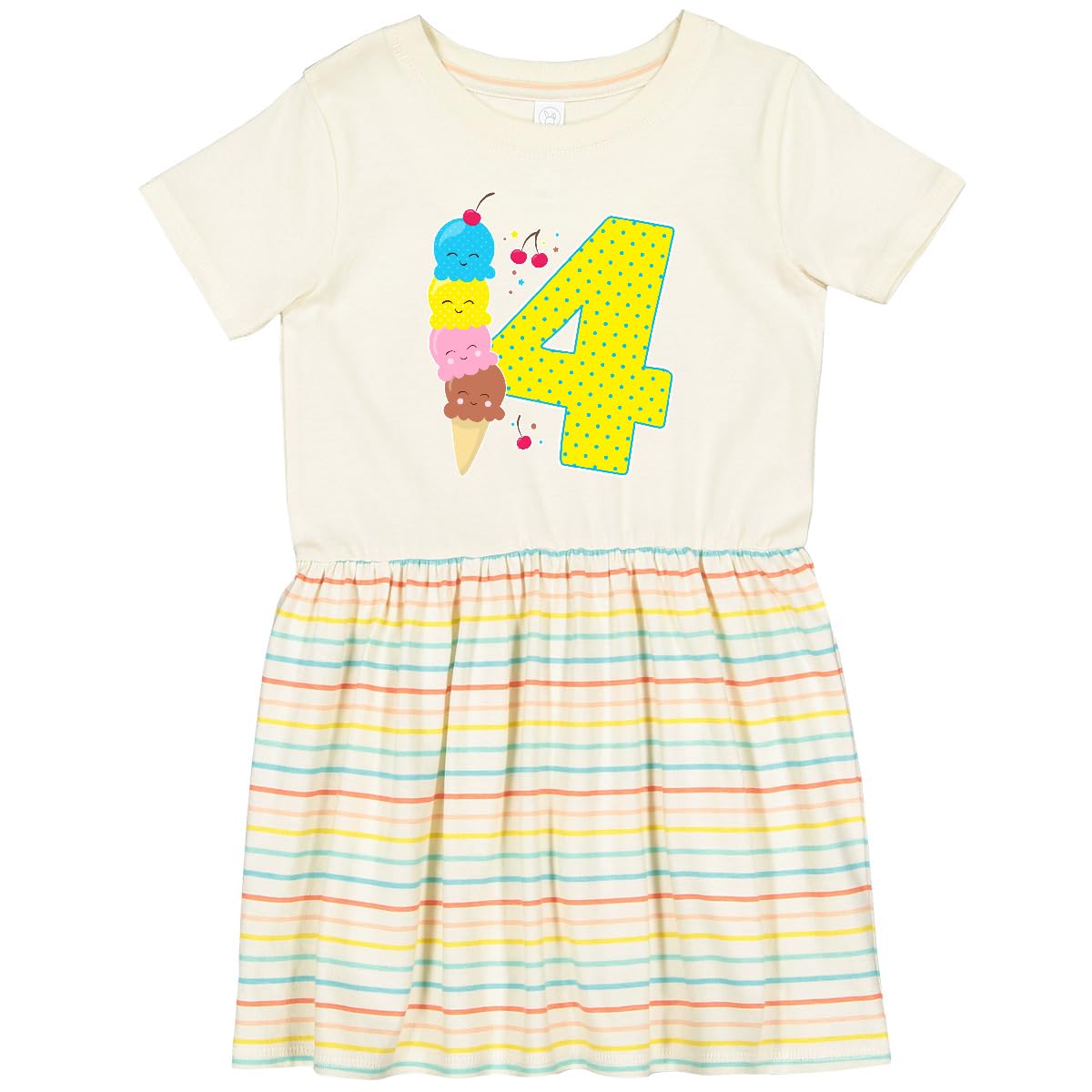 Inktastic Ice Cream Print Fourth Birthday Toddler Dress for Girls - Cute Blue Party Outfit for Summer Celebrations & Photoshoots