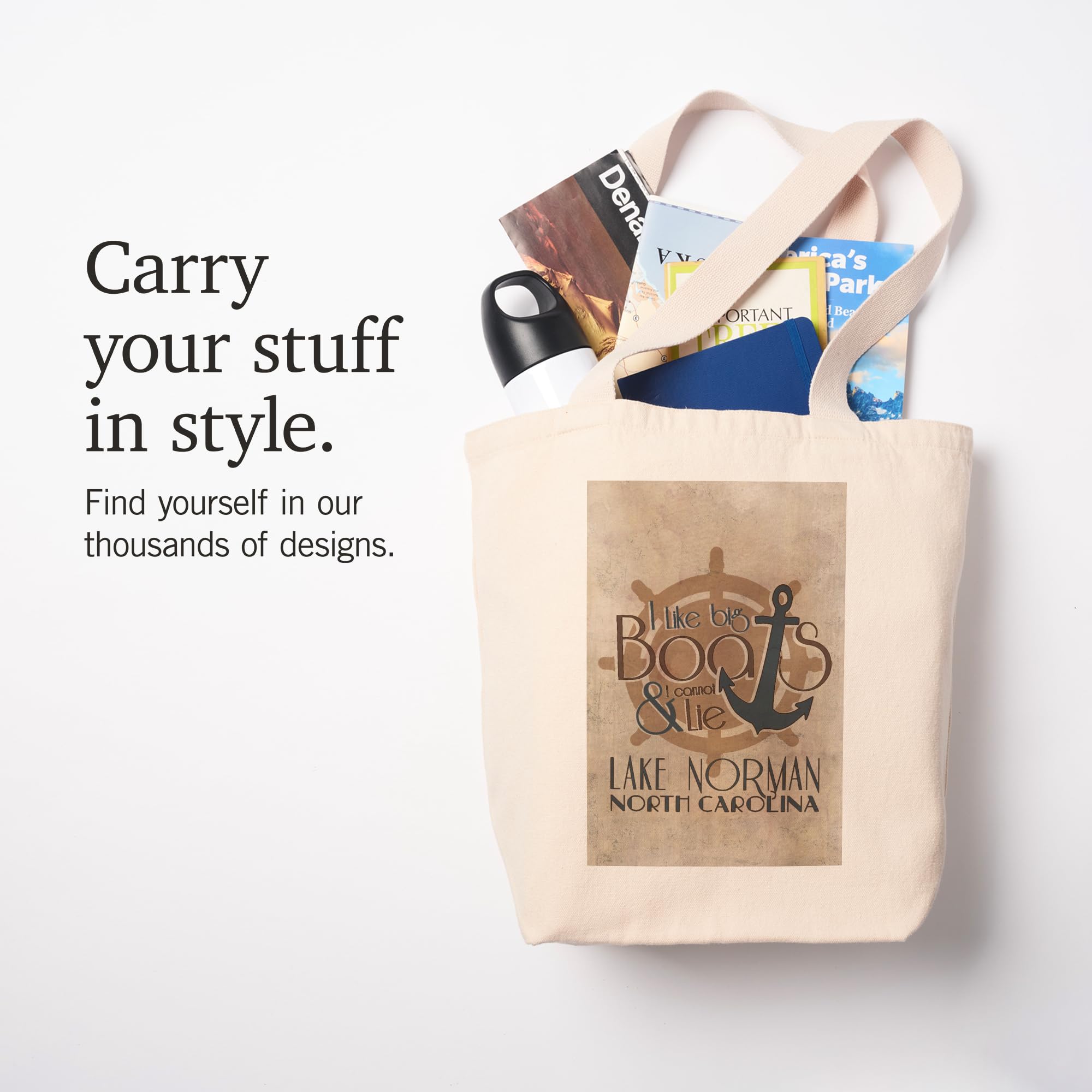 Lantern Press Lake Norman North Carolina Tote Bag - 'I Like Big Boats and I Cannot Lie' - 100% Cotton Canvas Reusable Shopping Bag for Groceries, Beach, Travel & Everyday Use