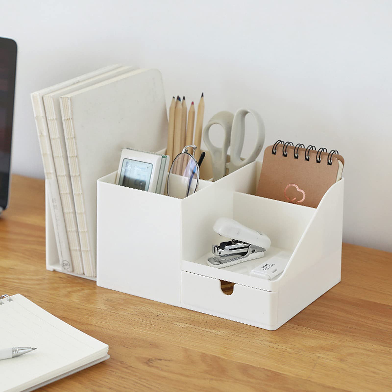 White Multifunctional Desk Organizer with Bookshelf & Drawer - Office Stationery Storage, Makeup Organizer, Bookends - Perfect for Home Office, Study Desk, and Beauty Vanity (Small, Beige)