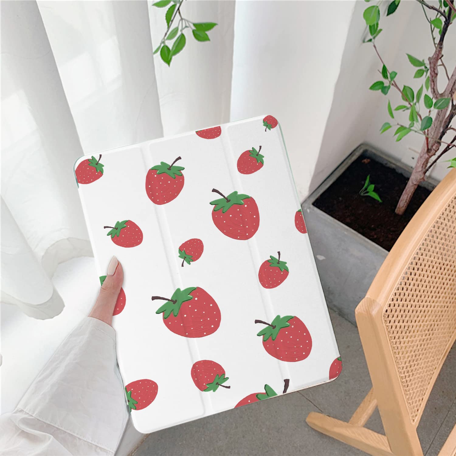 Strawberry Pattern Leather iPad Air 3 Case with Pencil Holder & Auto Sleep/Wake - White Genuine Leather with Clear TPU Back Cover for iPad Pro 10.5 Inch (2017 Model) - Perfect for School, Office & Travel Protection