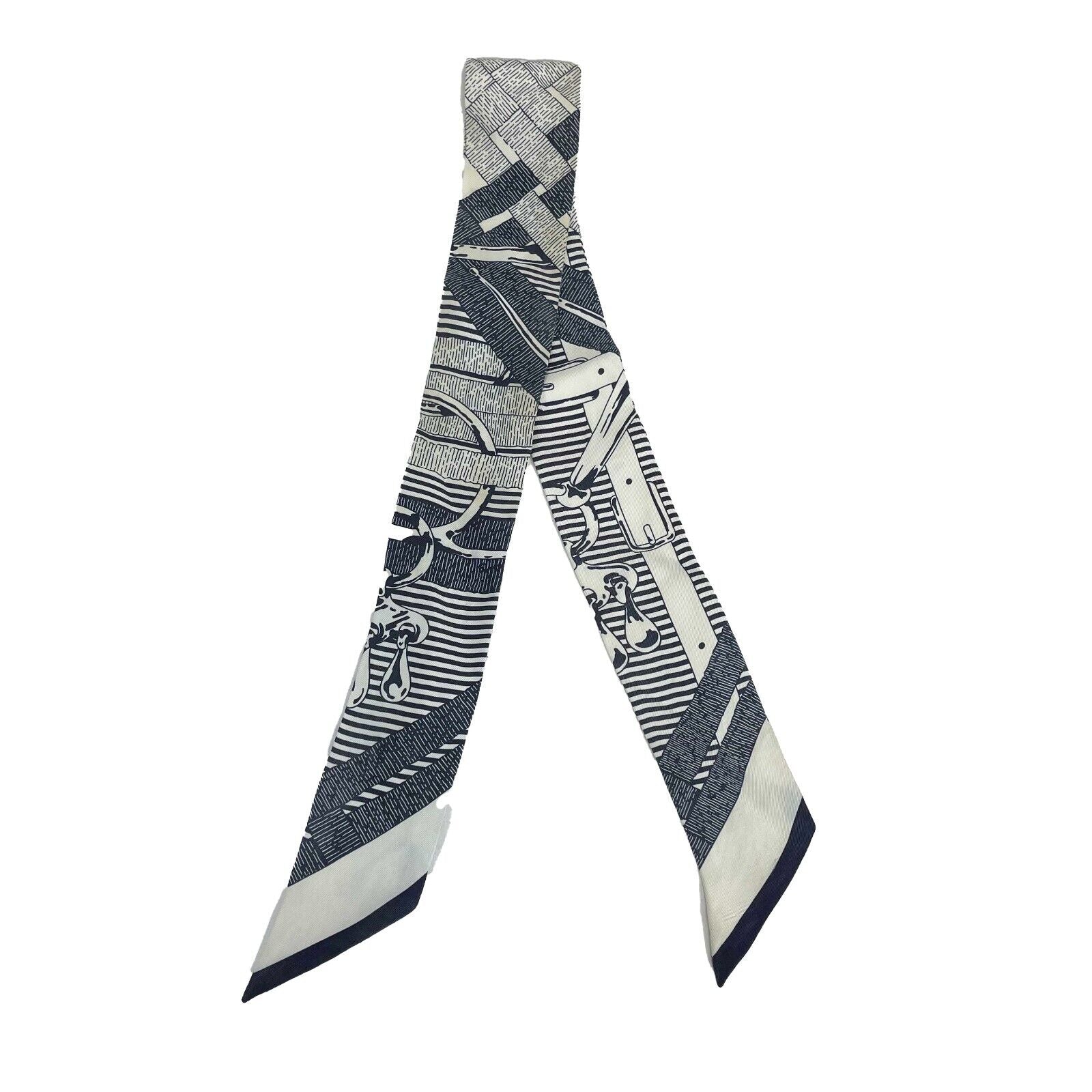 HERMES Mors a Jouets Marine Blue Twilly Scarf - White & Navy Striped Silk Fashion Accessory for Women | Perfect for Neckties, Handbag Decor & Gift Giving