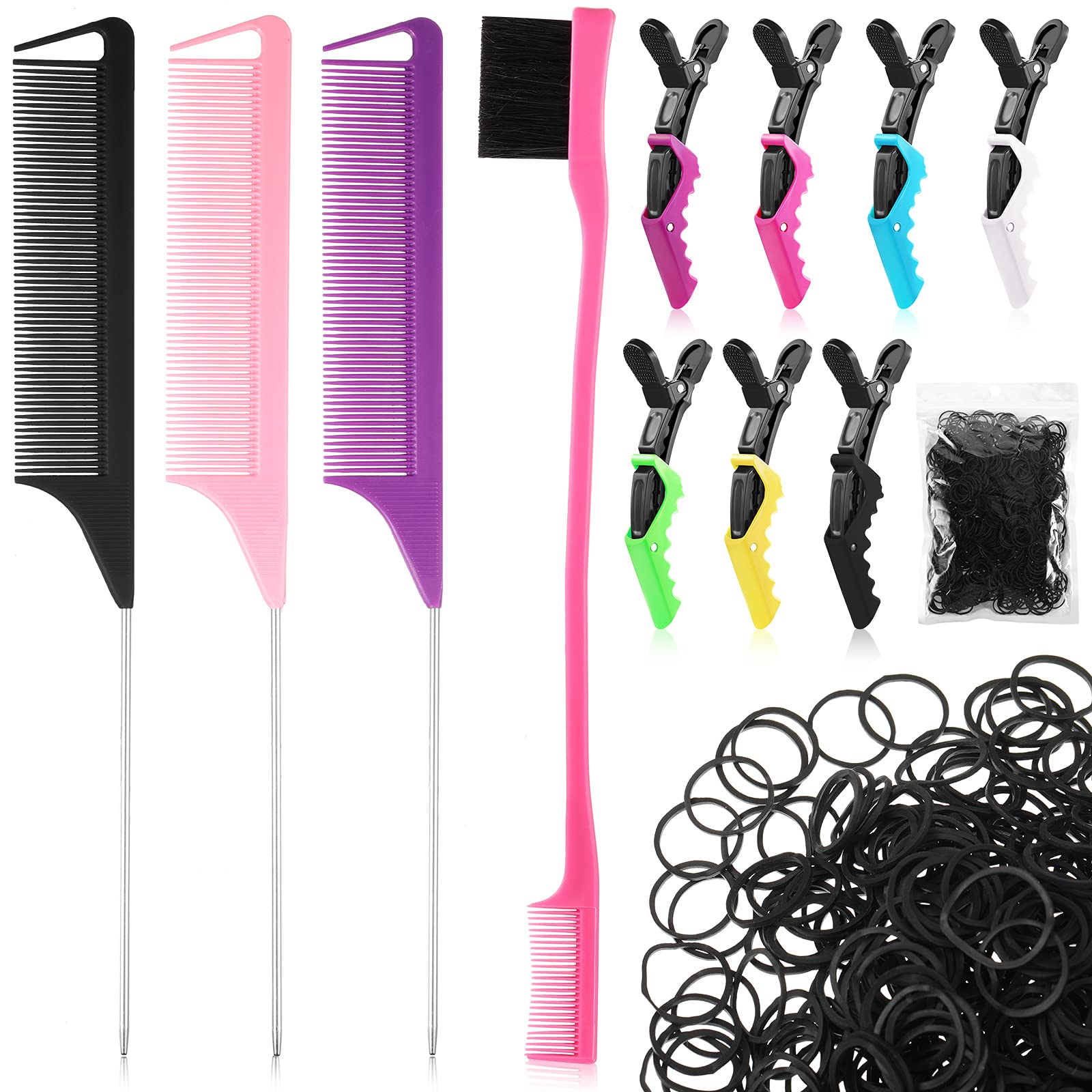 12 Piece Hair Styling Kit for Women & Girls - Rat Tail Combs, Alligator Clips, Dual Edge Brush, Mini Rubber Bands & Braiding Comb - Perfect for Salon, Home Styling & Travel - Delicate Color Hair Accessories Set