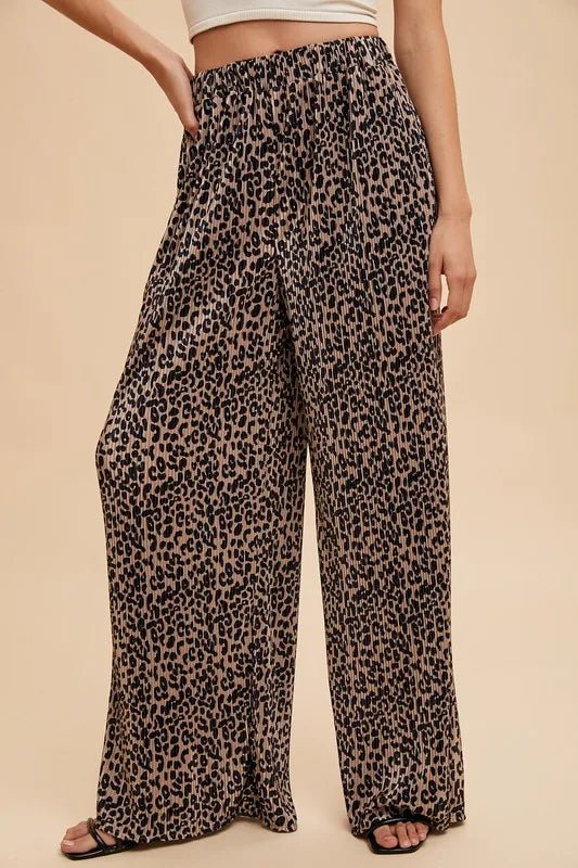Annie Wear Women's Leopard Print Plisse Lounge Wide Leg Pants - Soft Stretchy Comfort for Home, Yoga & Casual Outings