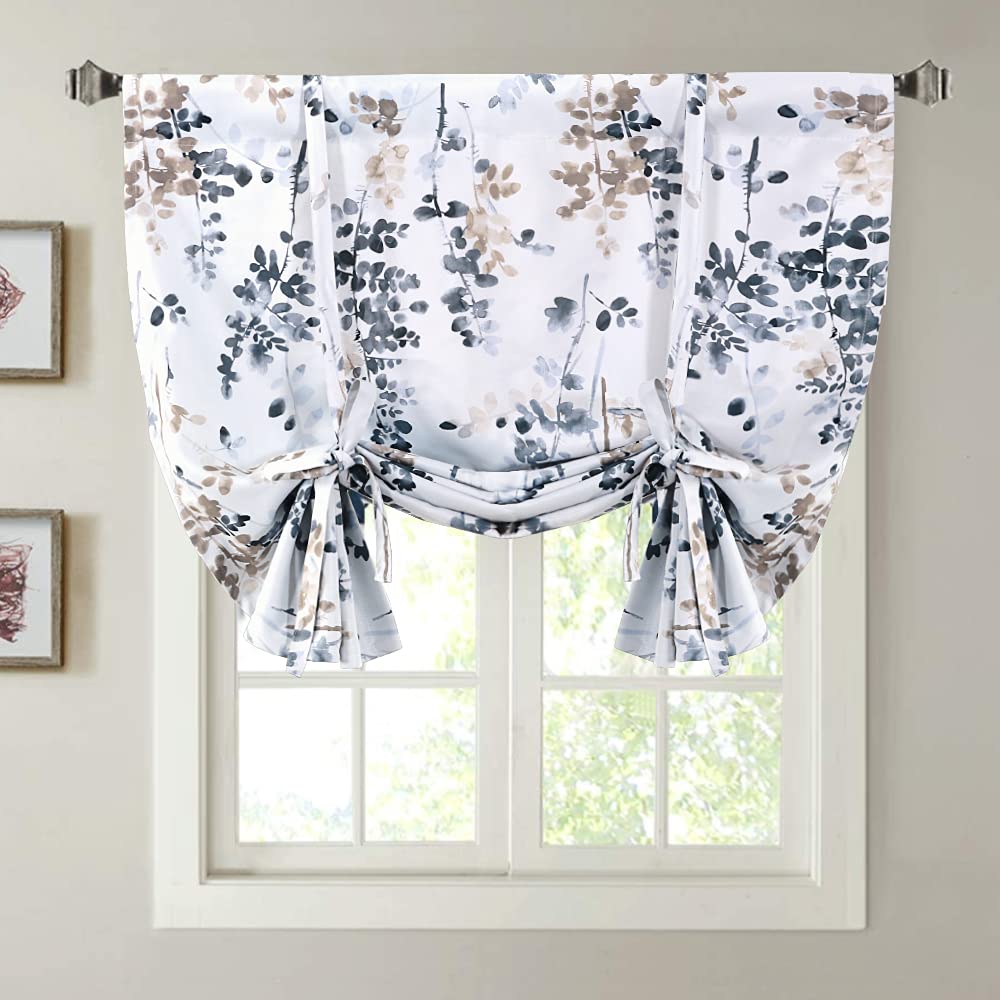 Thermal Insulated Blackout Tie-Up Curtains for Small Windows - Adjustable Kitchen Window Treatment with Rod Pocket, Floral Pattern in Bluestone & Taupe (42