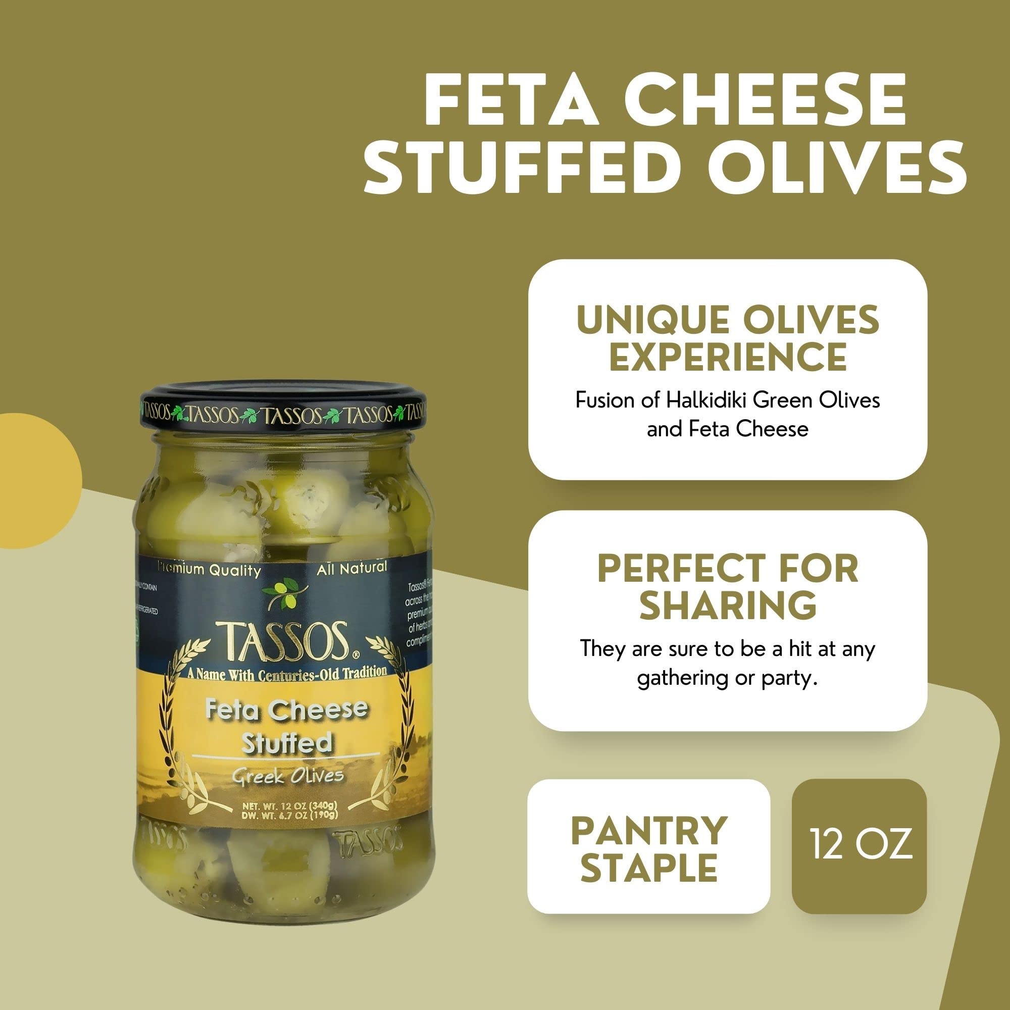 Tassos Stuffed Green Olives with Feta Cheese - 12oz Jar | Premium Mediterranean Snack for Charcuterie Boards, Salads & Cocktail Parties