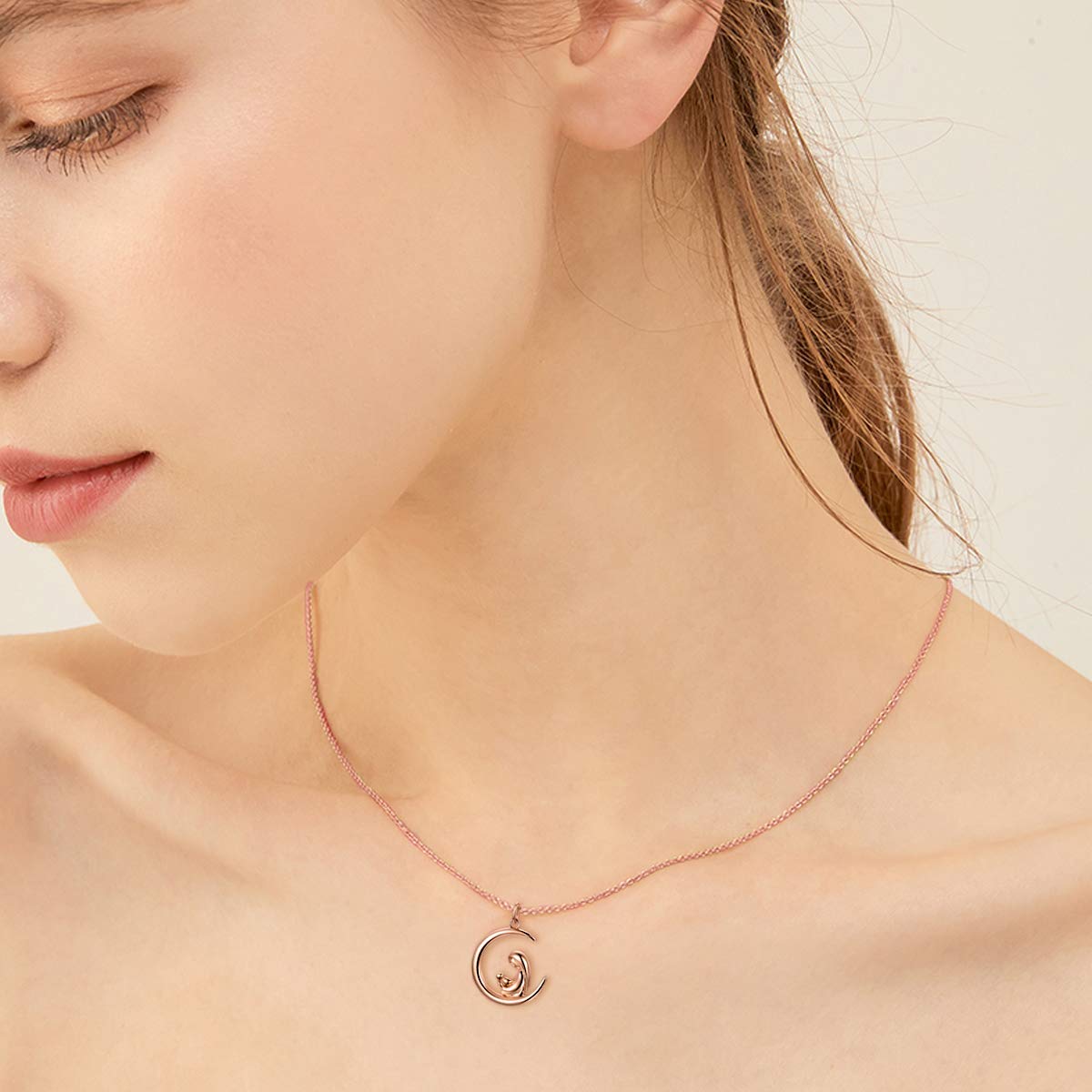 14K Gold Mother Necklace for Women - Elegant Crescent Moon Pendant with Mother & Child Design, 16