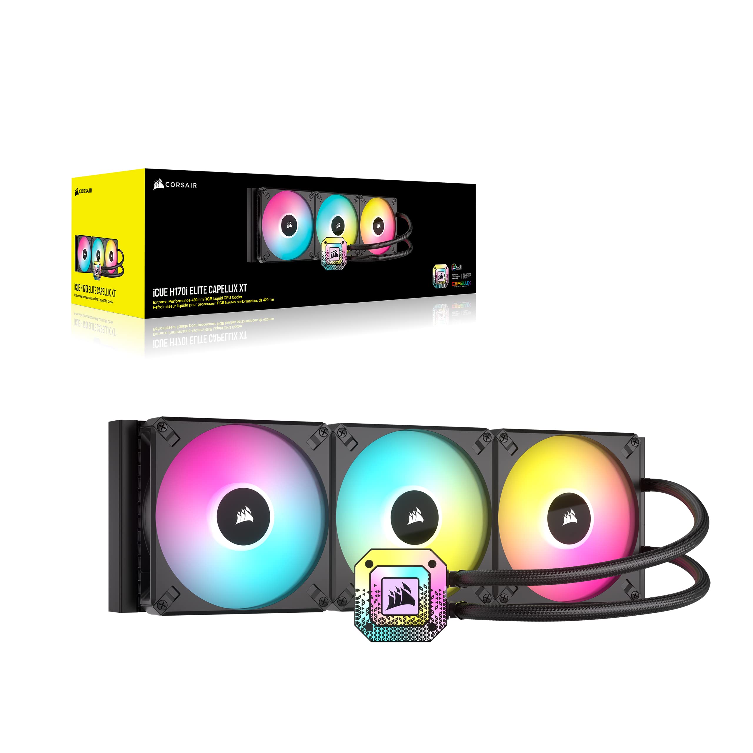 Corsair iCUE H170i Elite CAPELLIX XT Liquid CPU Cooler with 3 AF140 RGB Elite Fans - 420mm Radiator - Compatible with Intel LGA 1700, 1200, 115X, 2066 & AMD AM5, AM4 Sockets - Includes iCUE Commander CORE - Black - Perfect for High-Performance Gaming PCs and Workstations