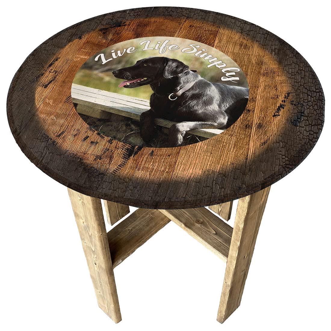 Black Lab Dog Themed Live Life Dog Gift - Rustic Farmhouse Whiskey Barrel End Table for Living Room, Bedroom & Man Cave Decor