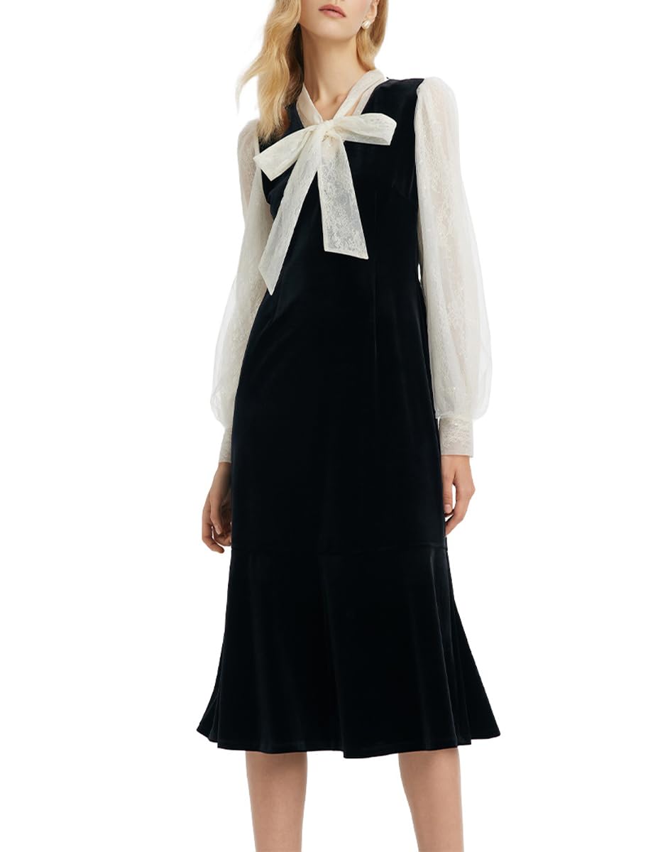 Elegant Black Formal Dress for Women - Silk & Lace Long Sleeve V-Neck Velvet Evening Gown | Perfect for Weddings, Parties, and Special Occasions